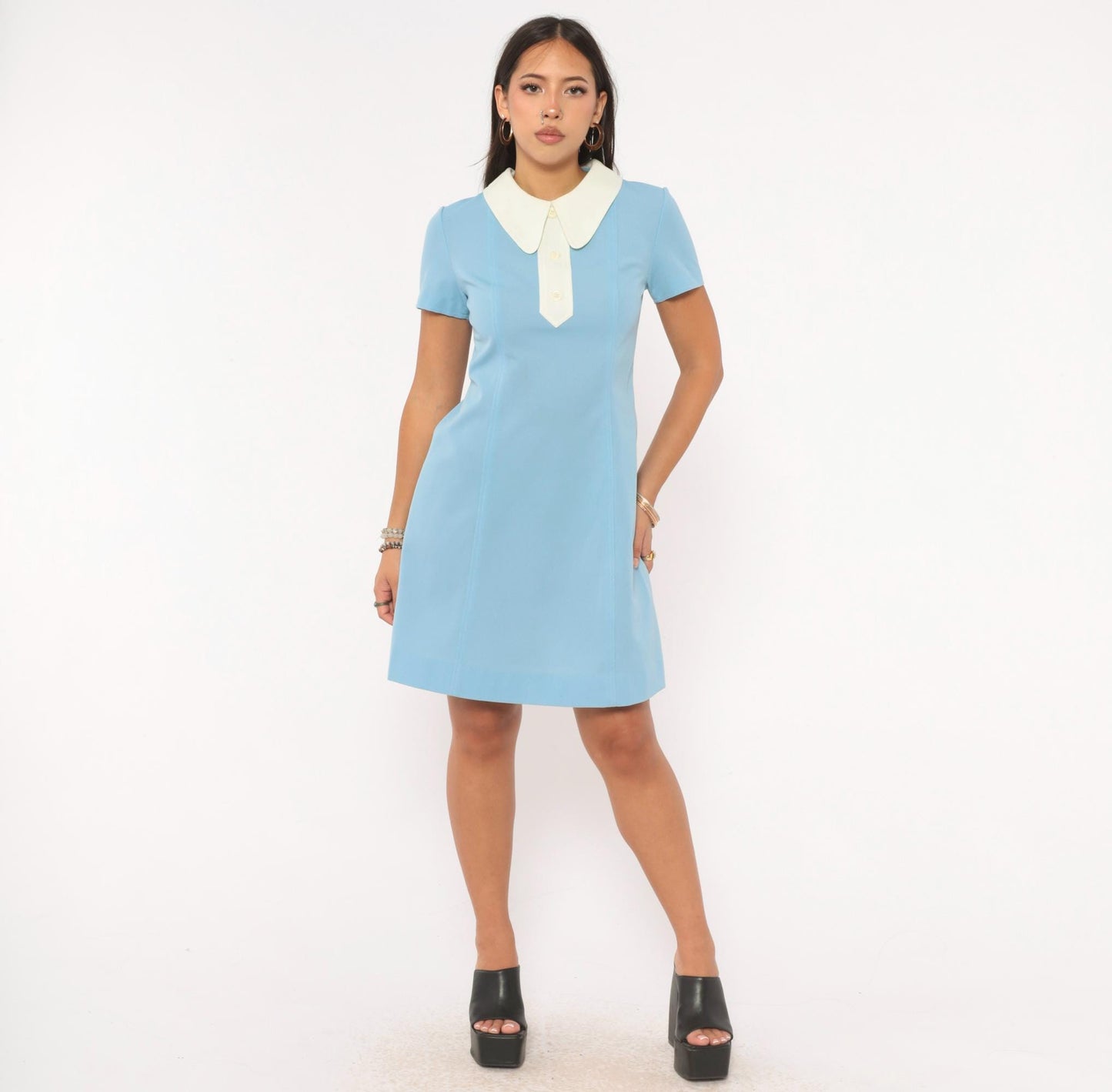 70s Unidress Sky Blue Peter Pan Collar Mini Shift Dress Small