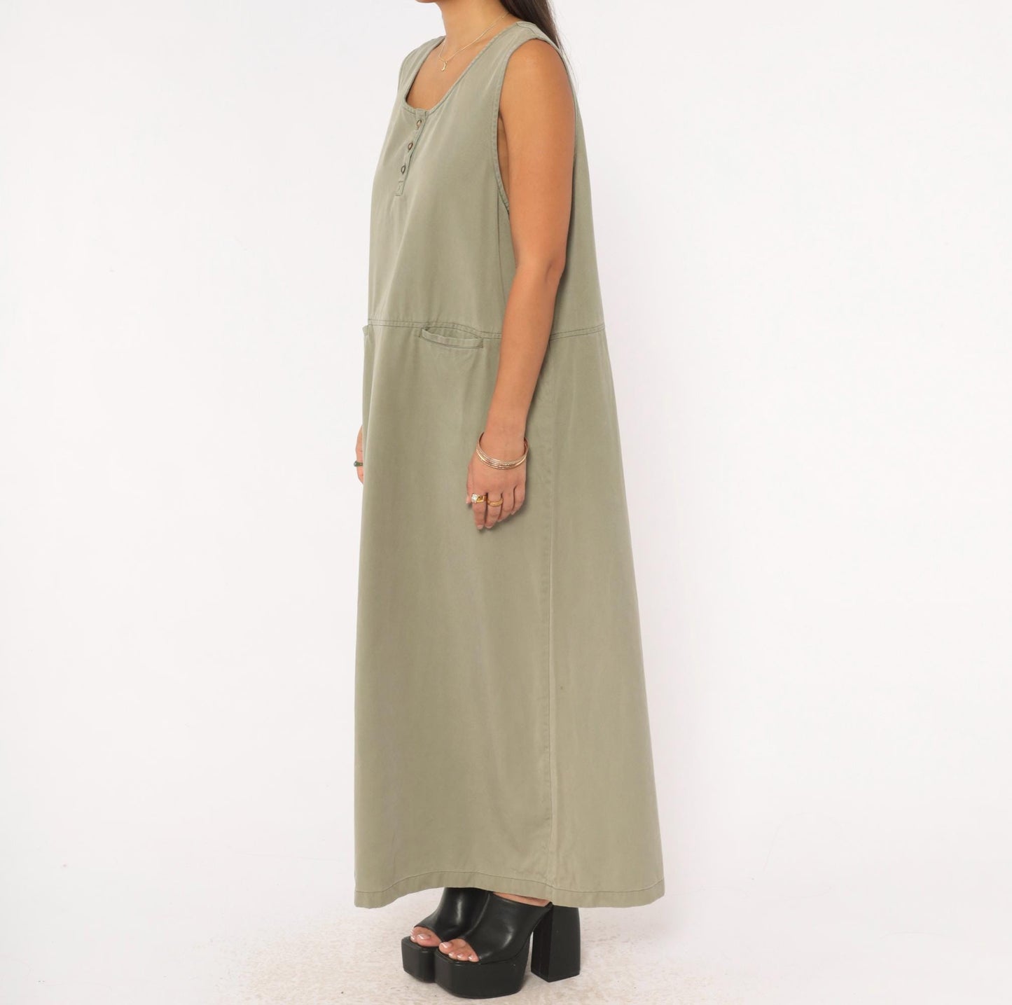 90s L.L.Bean Sleeveless Maxi Dress Sage Olive Cotton A-Line Pockets Extra Large XL