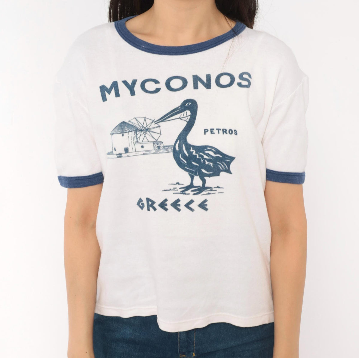 80s Mykonos Greece Ringer Tee White Navy Pelican Windmill Cotton Medium