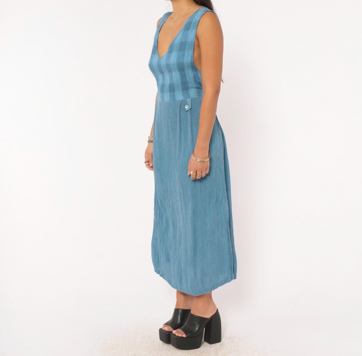90s Whirlaway Frocks Blue Gingham Midi Dress Tie Back V Neck Large L