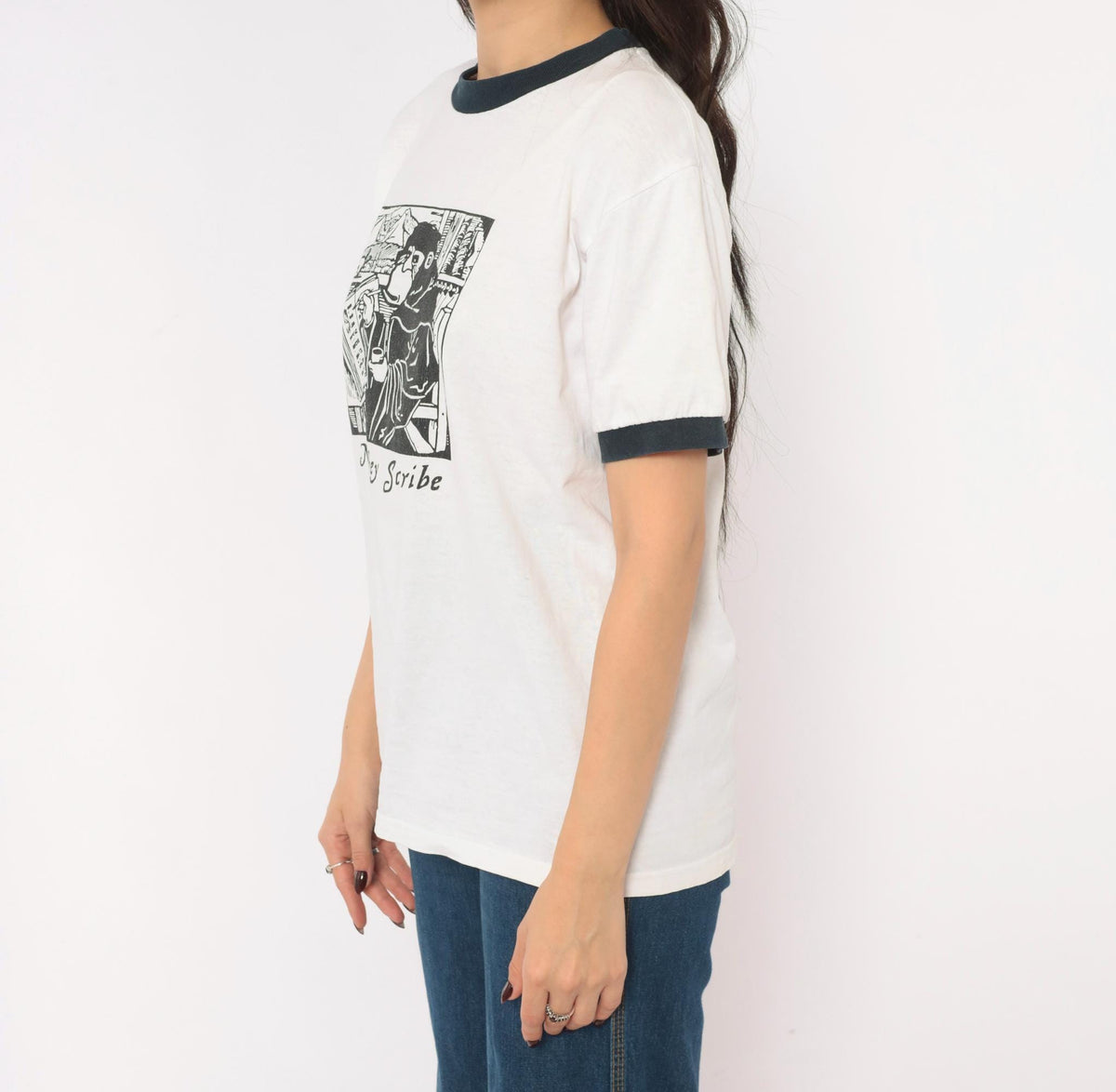 90s Anvil Monkey Scribe Ringer Tee Woodcut Print White Black Small