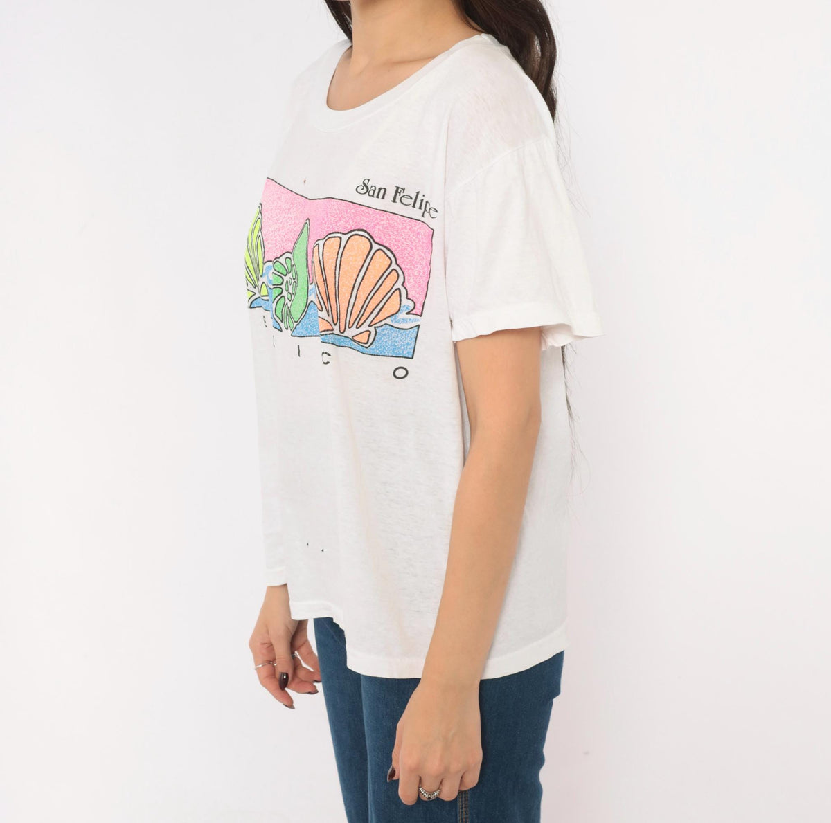 90s San Felipe Mexico Souvenir Tee White Cotton Neon Shell Graphic Medium