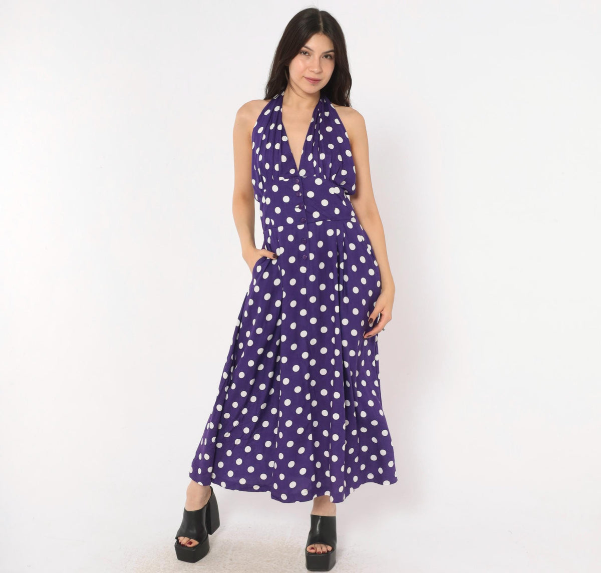 Y2K Purple White Polka Dot Halter Midi Dress Backless Rayon Large