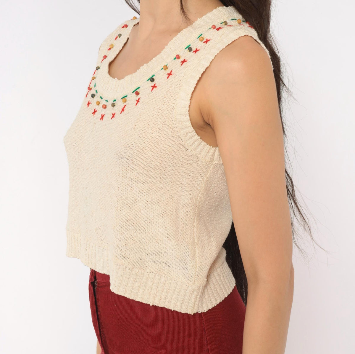 70s Cream Cotton Knit Vest Cross Stitch Embroidered Beaded Neckline Small