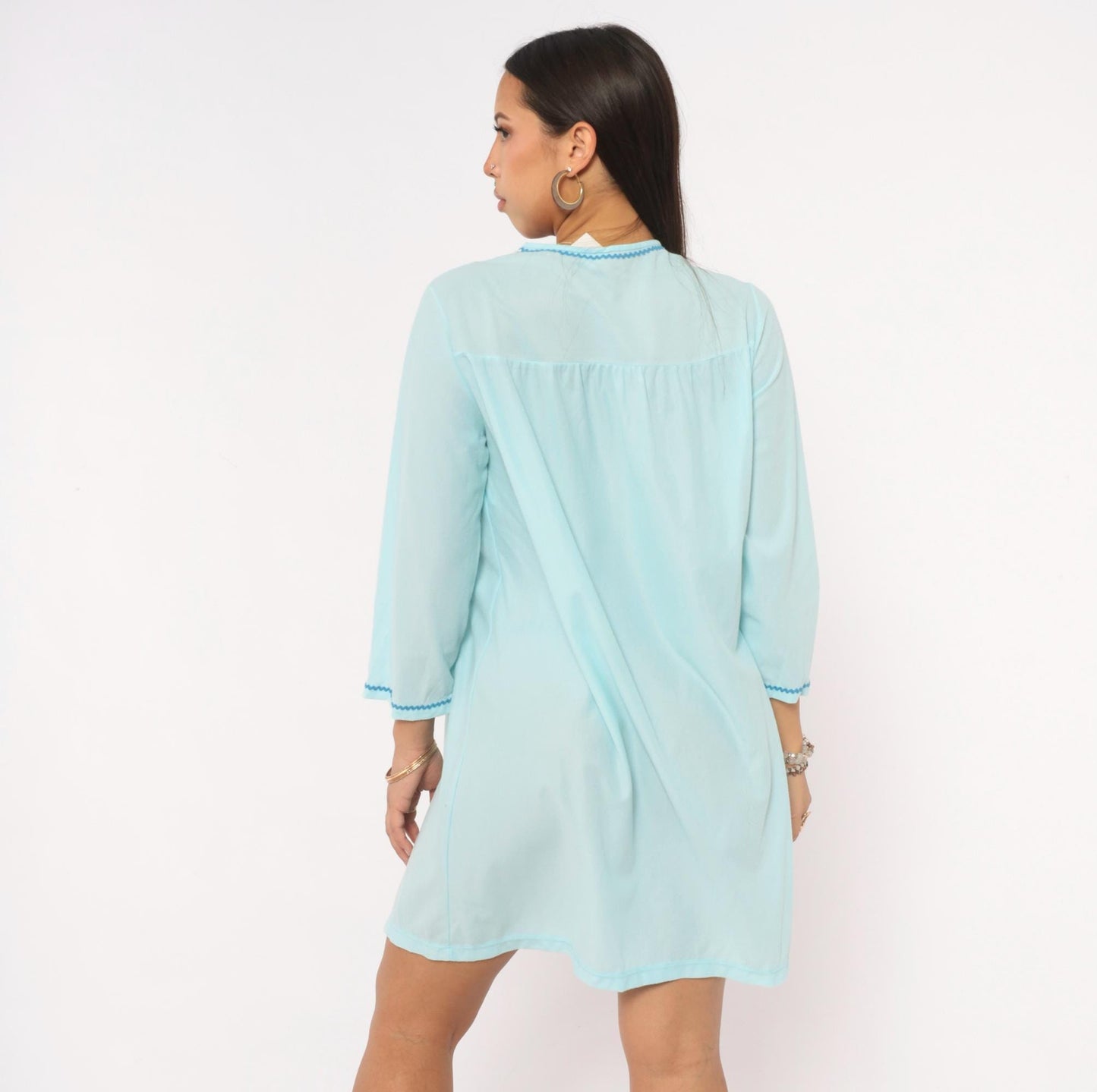 80s Sears Embroidered Floral Nightgown Baby Blue Button Front Mini Small