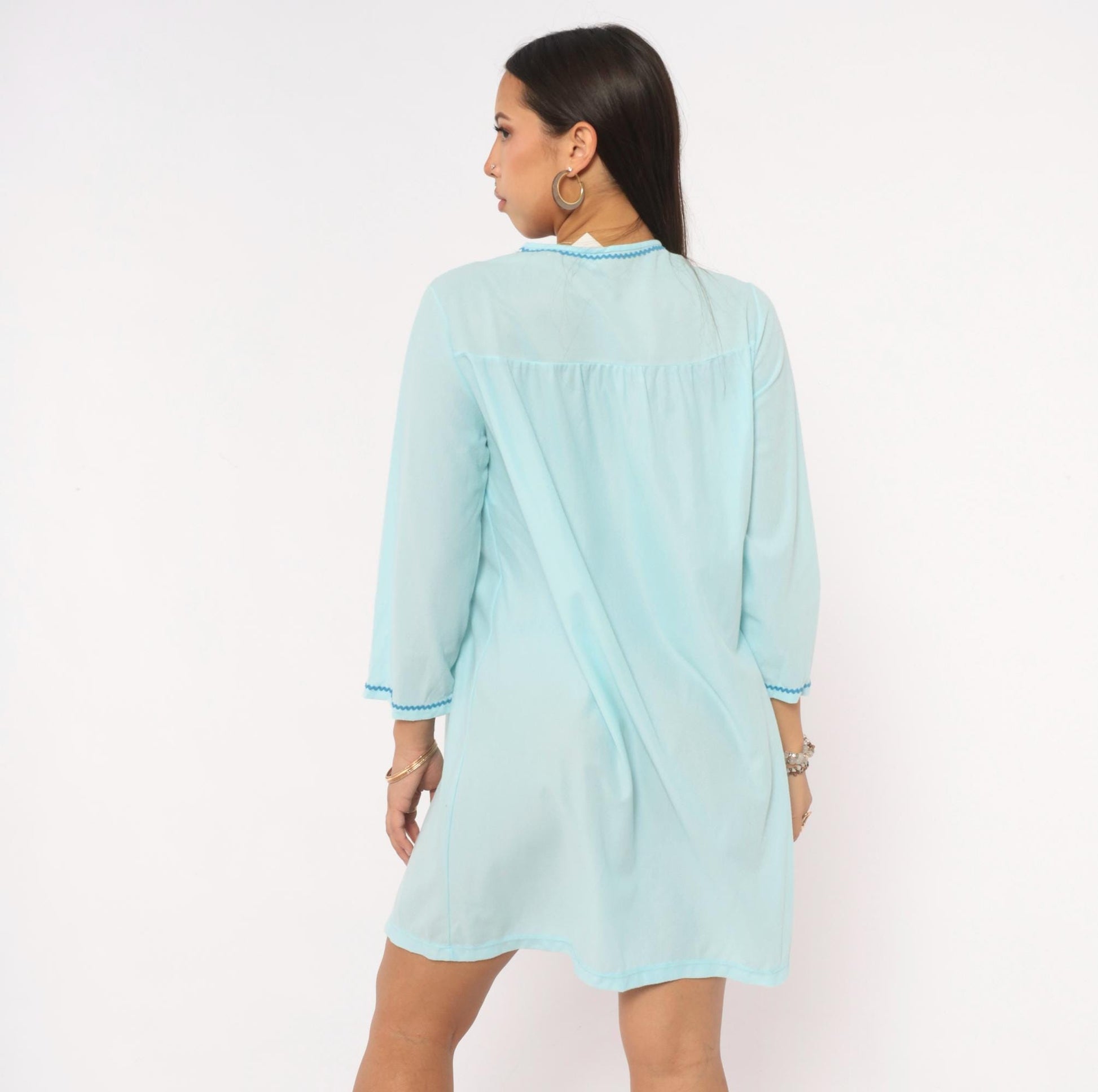 80s Sears Embroidered Floral Nightgown Baby Blue Button Front Mini Small