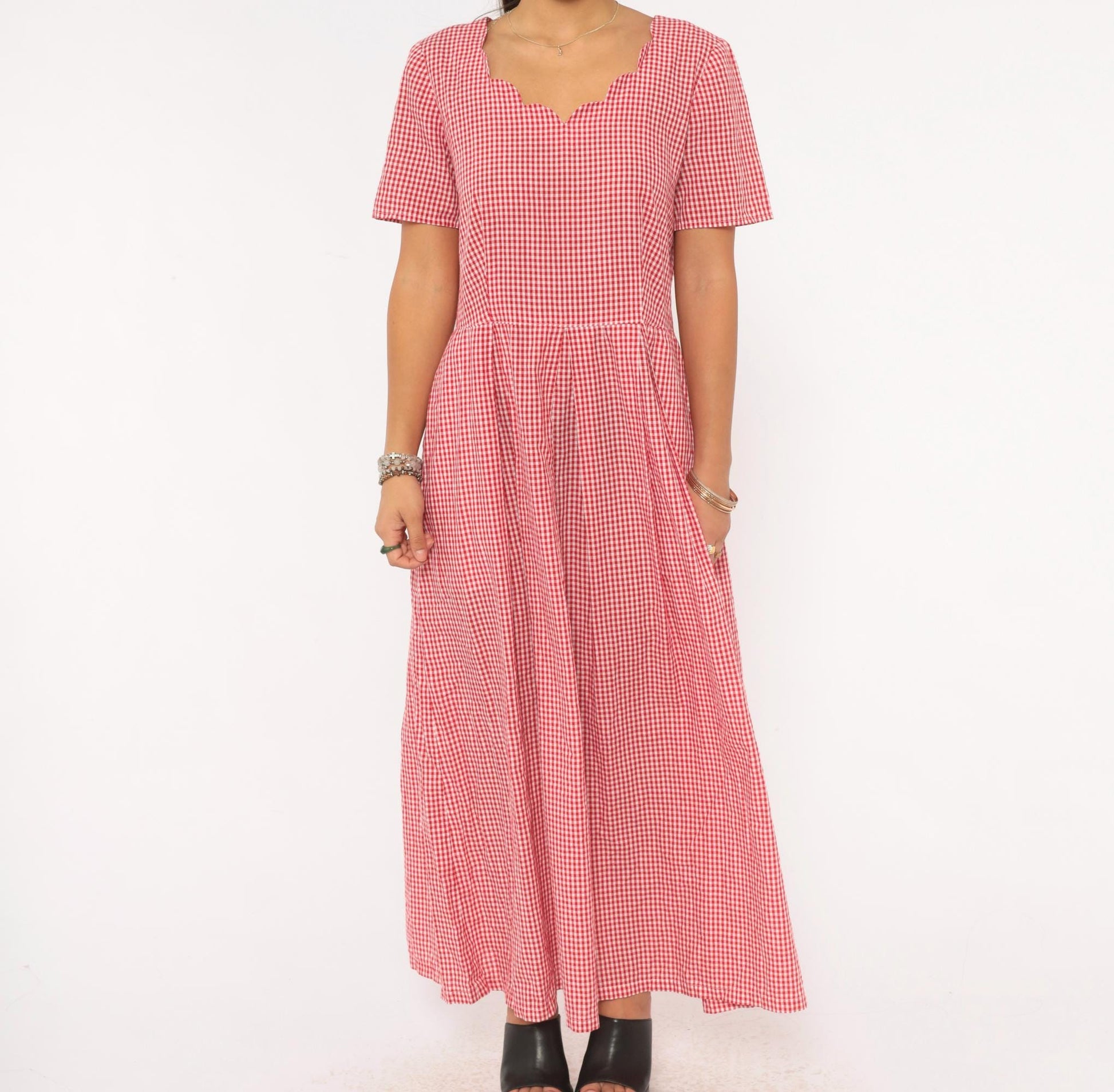 90s Red White Gingham Maxi Dress Sweetheart Neckline Pleated Cotton Large L