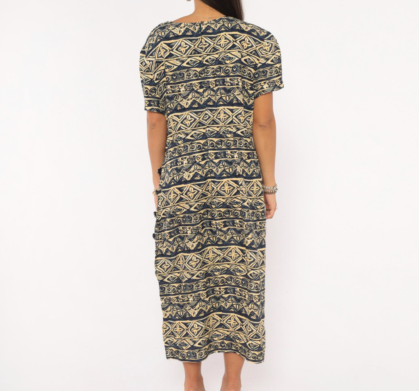 00s Maggy London Tribal Print Midi Dress Navy Cream Geometric Scoop Neck Large L