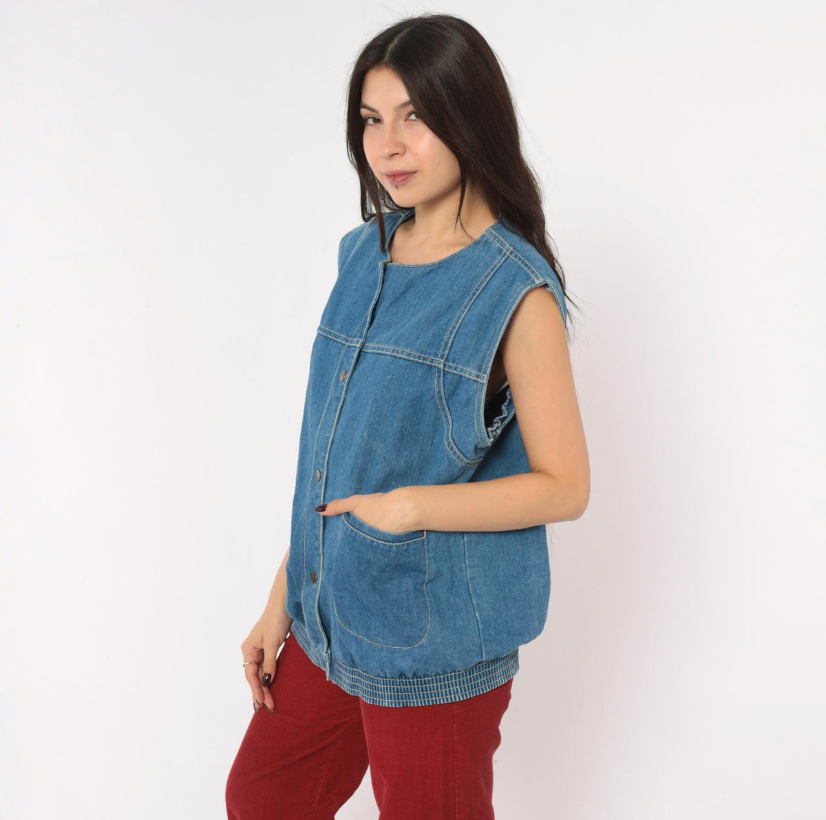 90s Juleigh Jean Denim Vest Blue Snap Button Sleeveless Large L