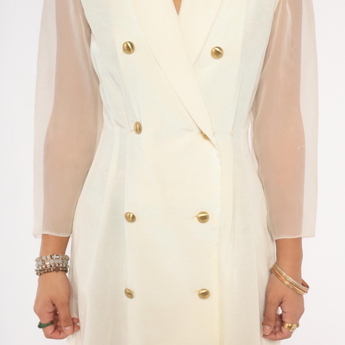 90s Cream Double Breasted Blazer Dress Gold Buttons Sheer Organza Mini Large L