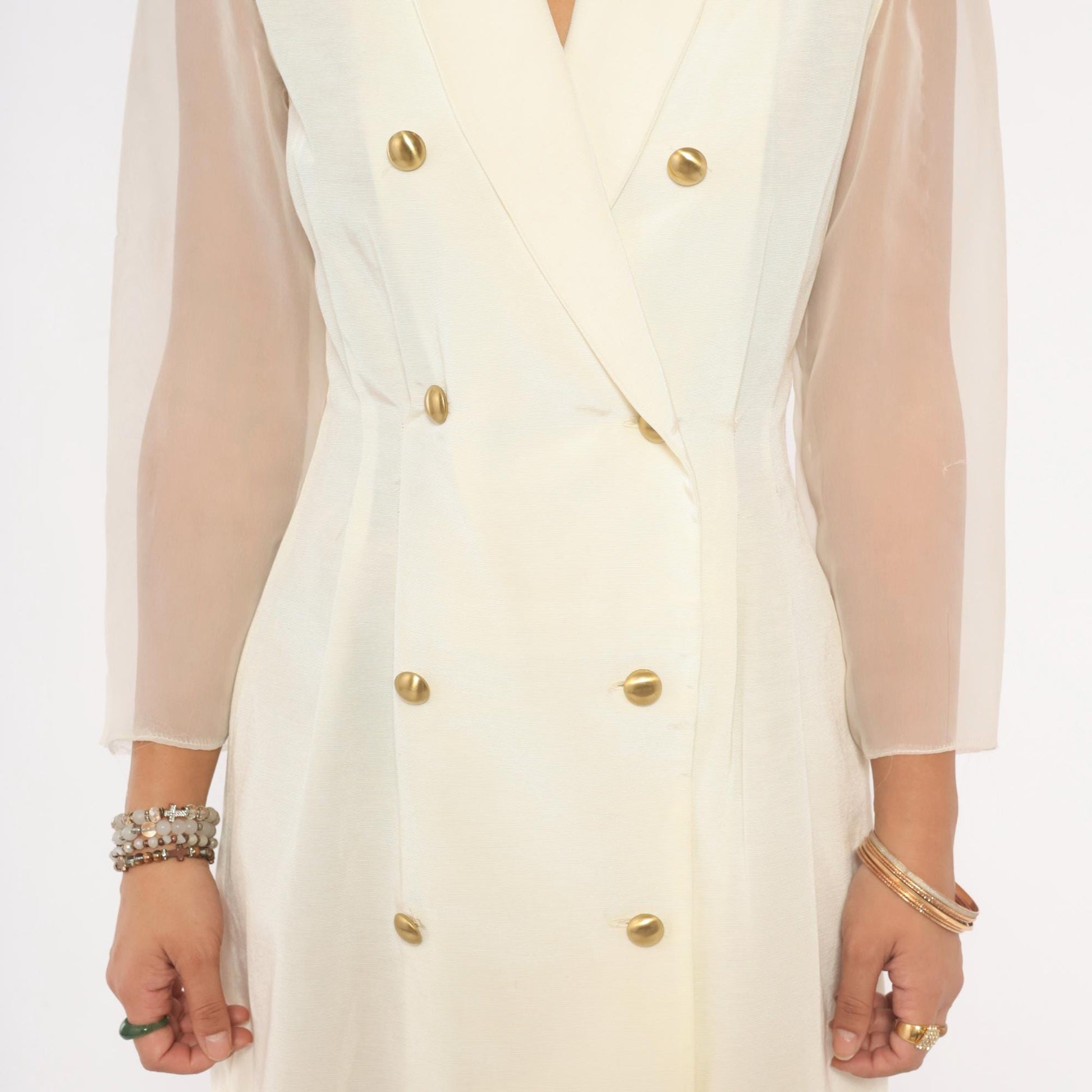 90s Cream Double Breasted Blazer Dress Gold Buttons Sheer Organza Mini Large L