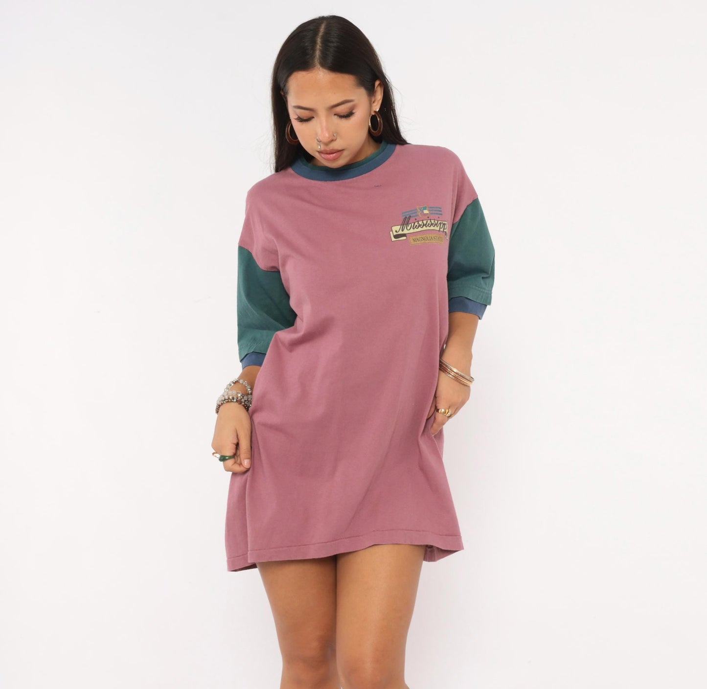 90s Mississippi Magnolia State Color Block Tee Mauve Teal Cotton Extra Large