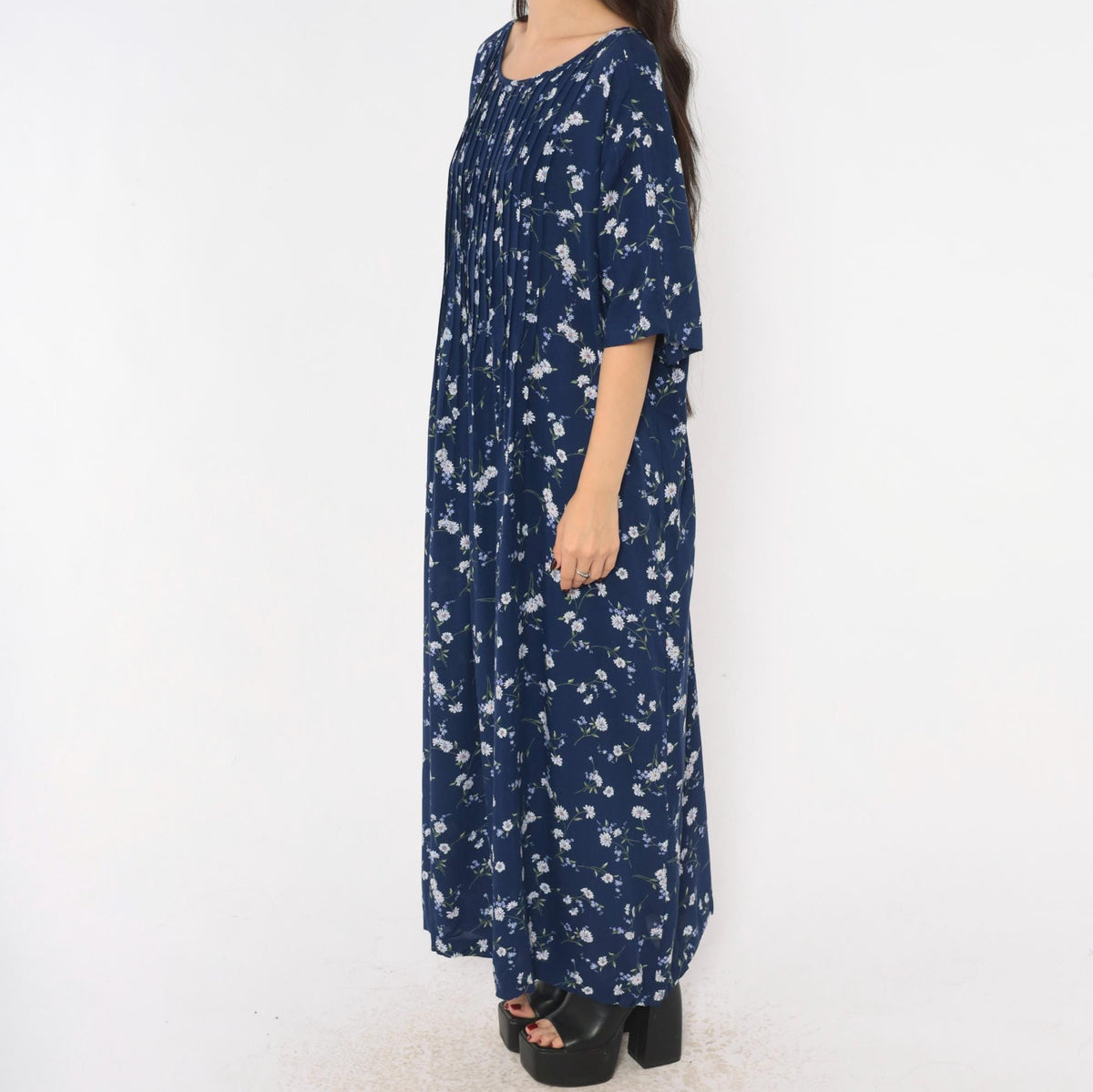 90s Navy Floral Rayon Dress Pintuck Daisy Print Tie Back Ankle Maxi Plus Size 3X