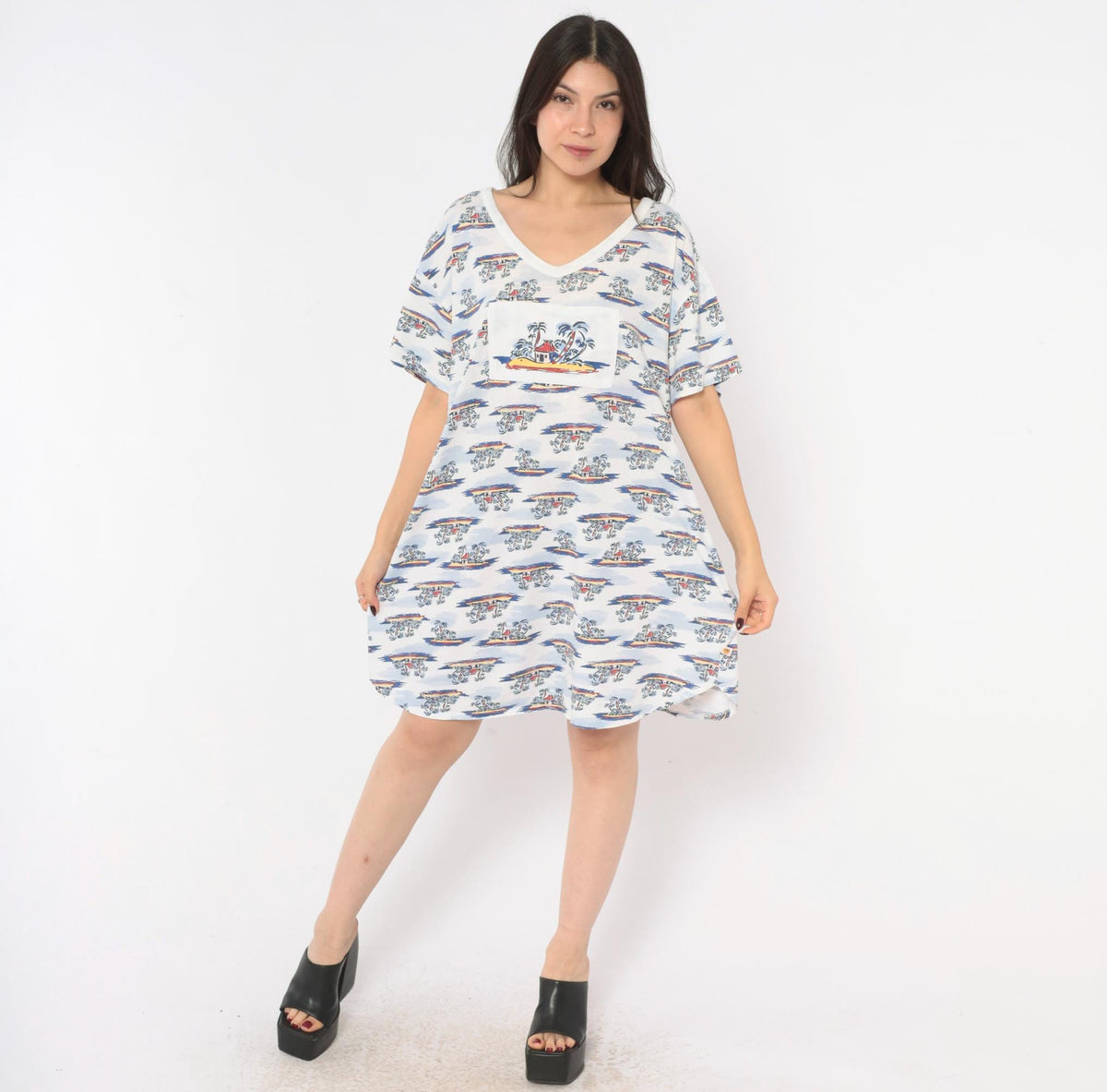 90s Down Under Tropical Palm Tree T-Shirt Dress White Blue Cotton One Size