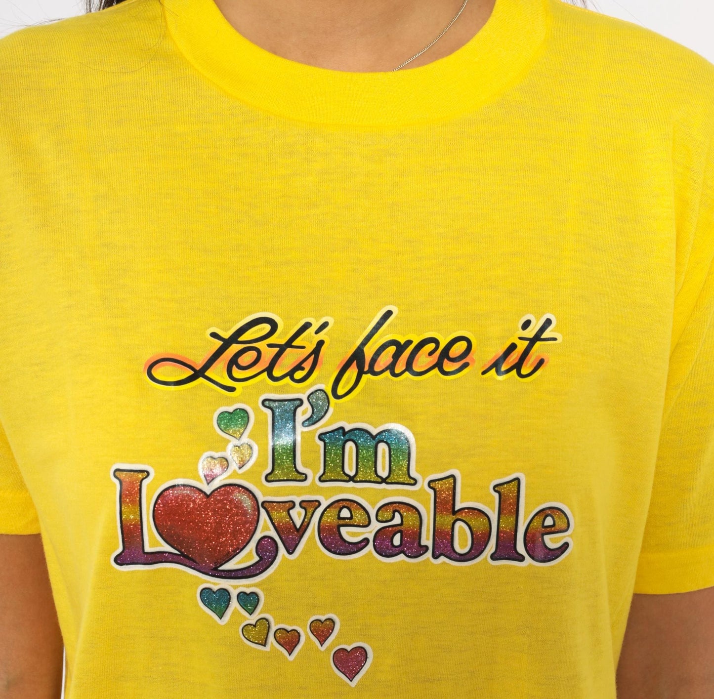 80s Ched "Let's Face It I'm Loveable" Heart Glitter Tee Yellow Graphic Slogan Large L