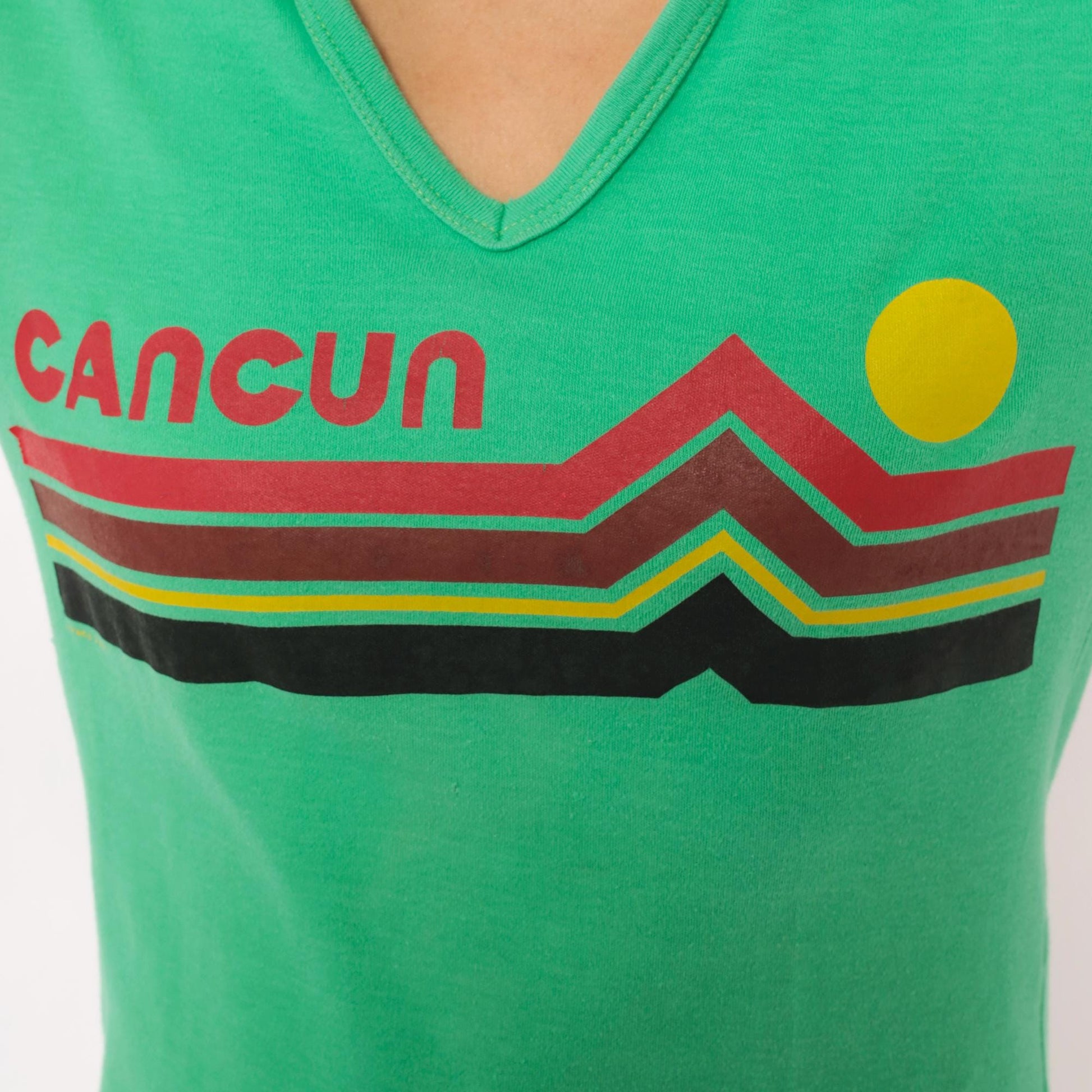 80s Zaky Sport Cancun Sunset Polo Green V-Neck Graphic Shirt Medium