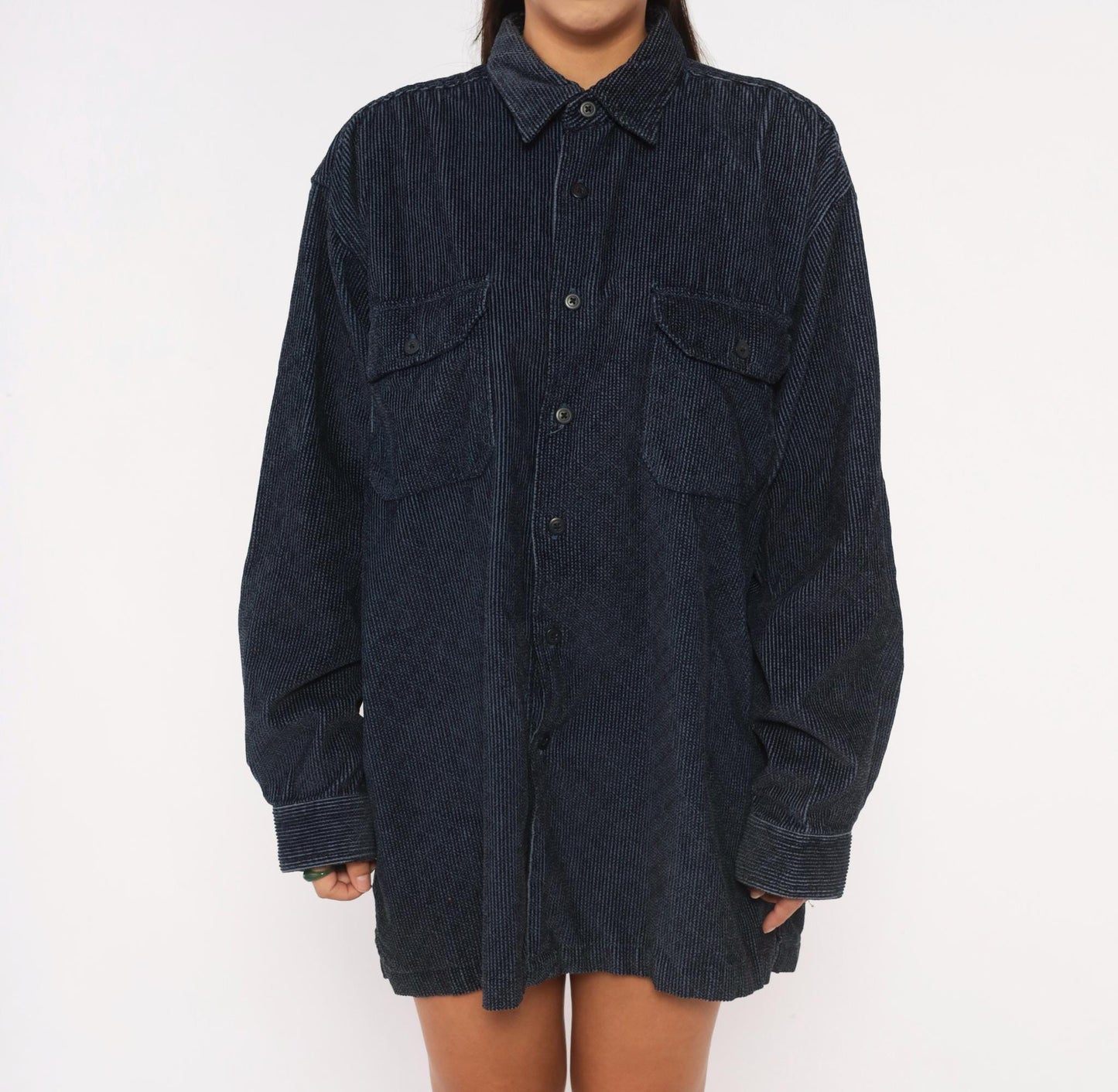 90s World Island Navy Corduroy Button-Up Shirt Cotton Large L