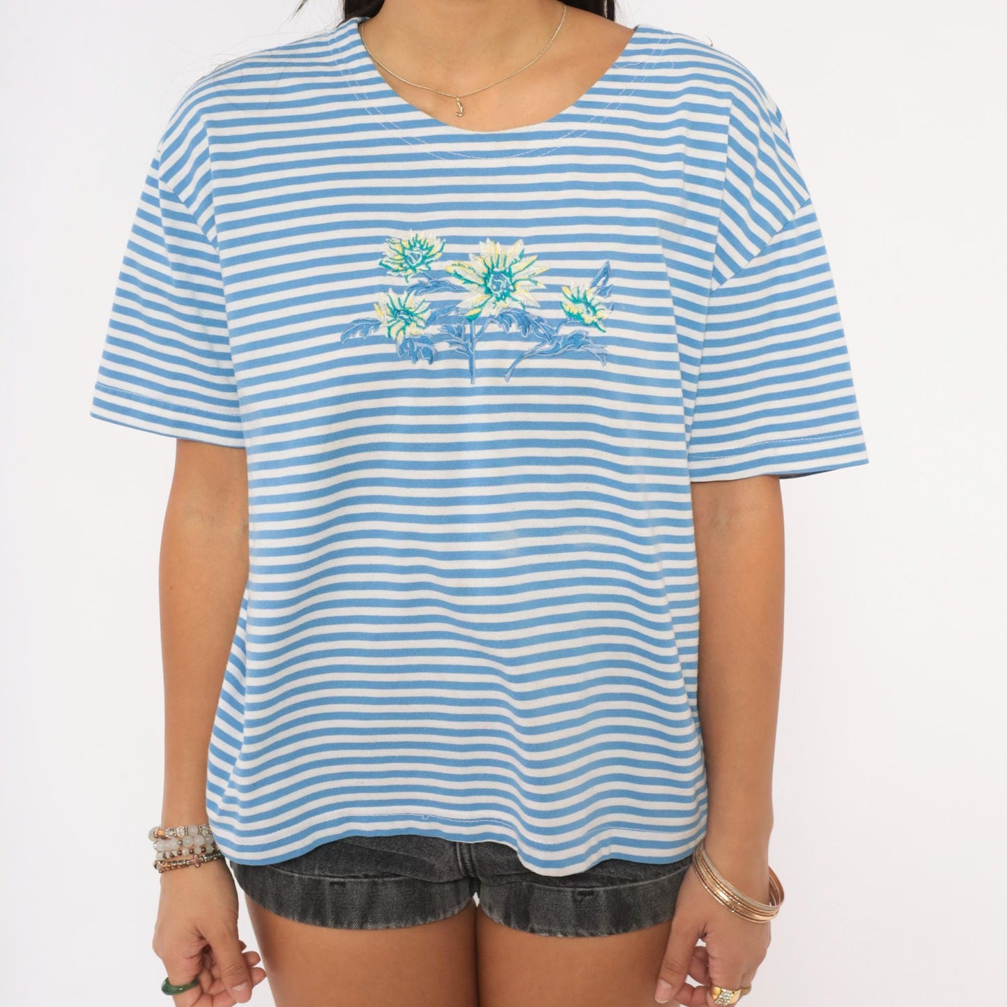 90s Shenanigans Blue White Striped Floral Embroidered Tee Large