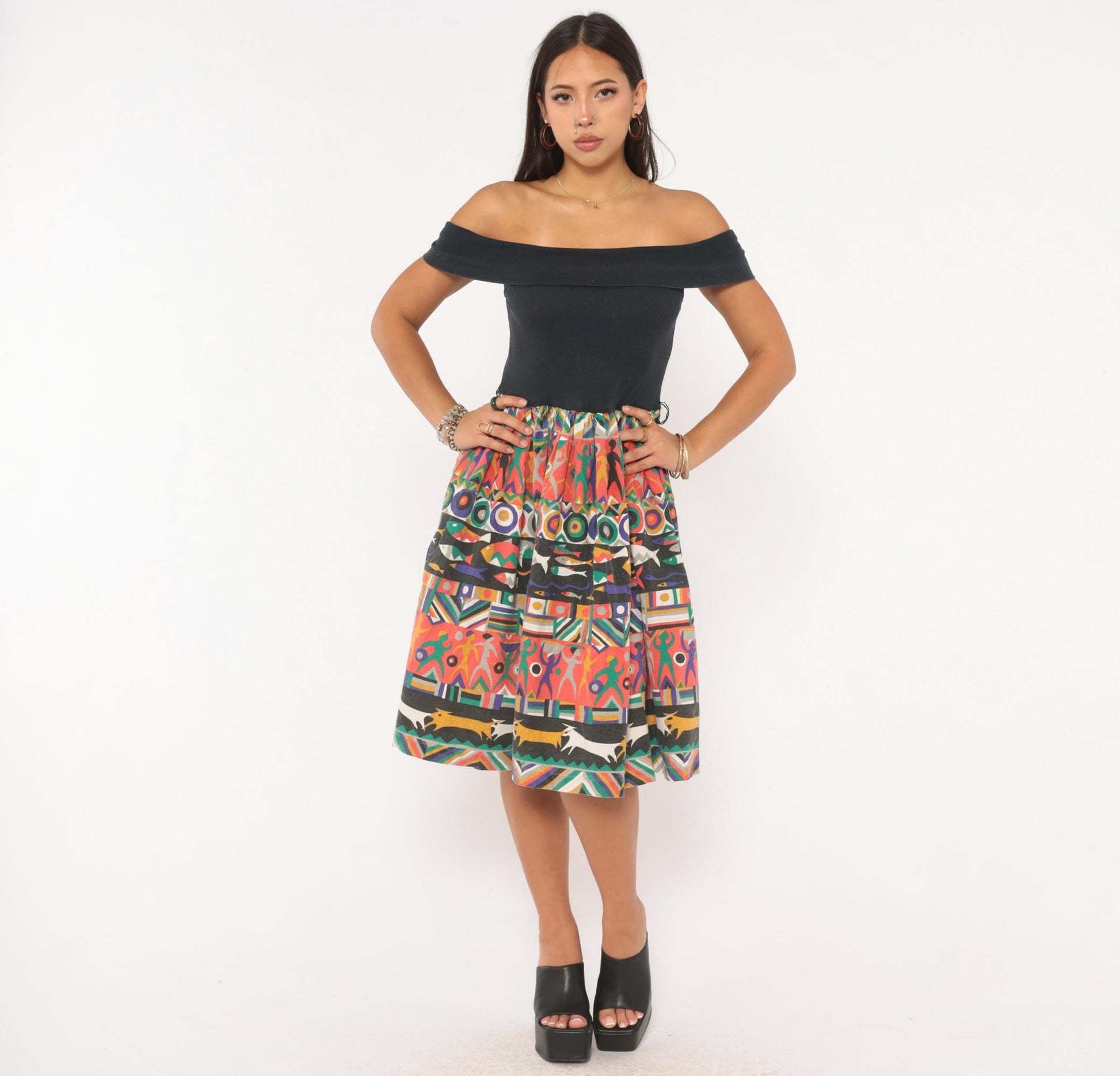 90s Victoria Off-Shoulder Dress Black Multicolor Fish Print Knee-Length Small S