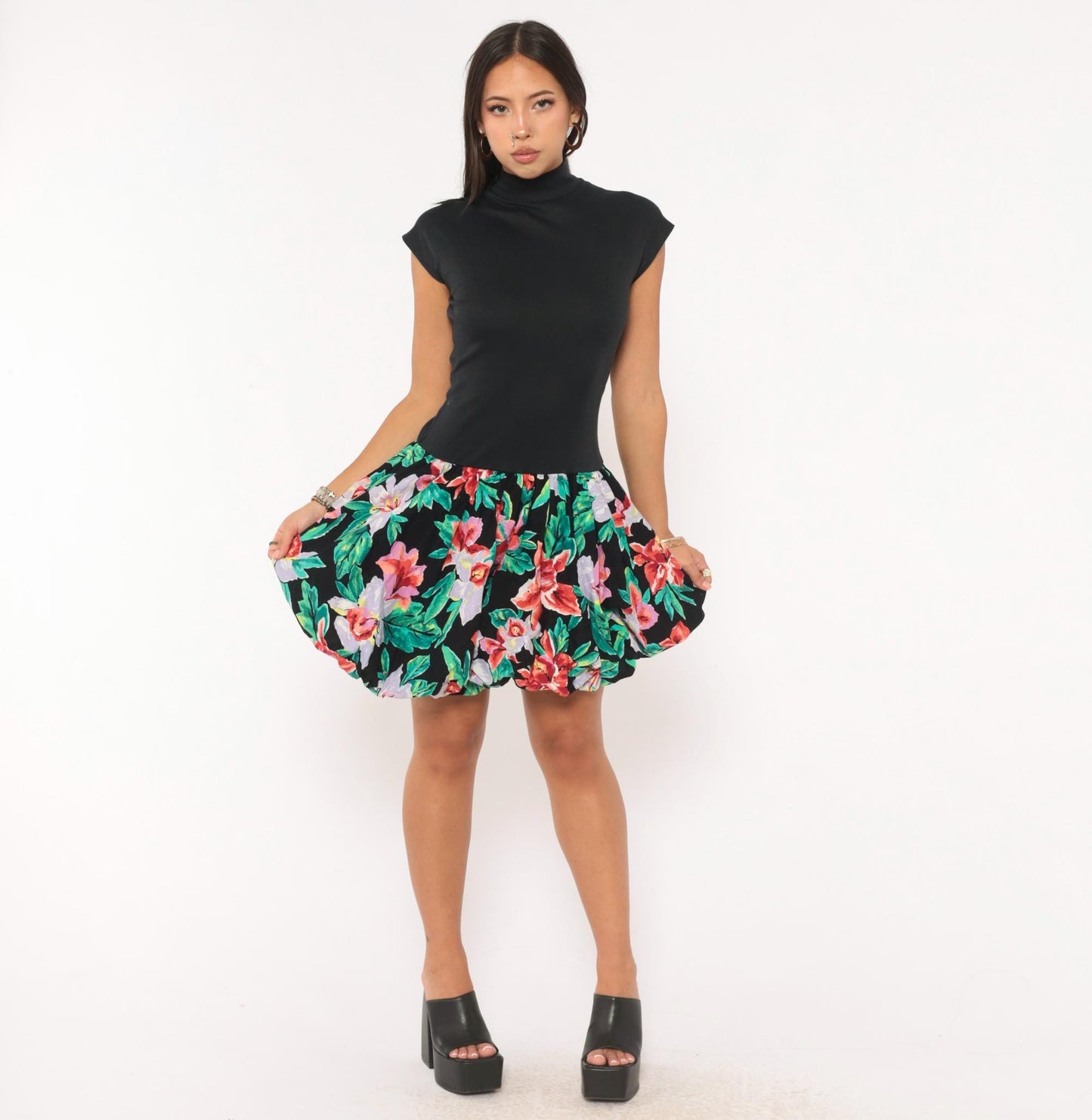 80s Byer Too! Floral Bubble Mini Dress Mock Neck Cap Sleeve Black Small