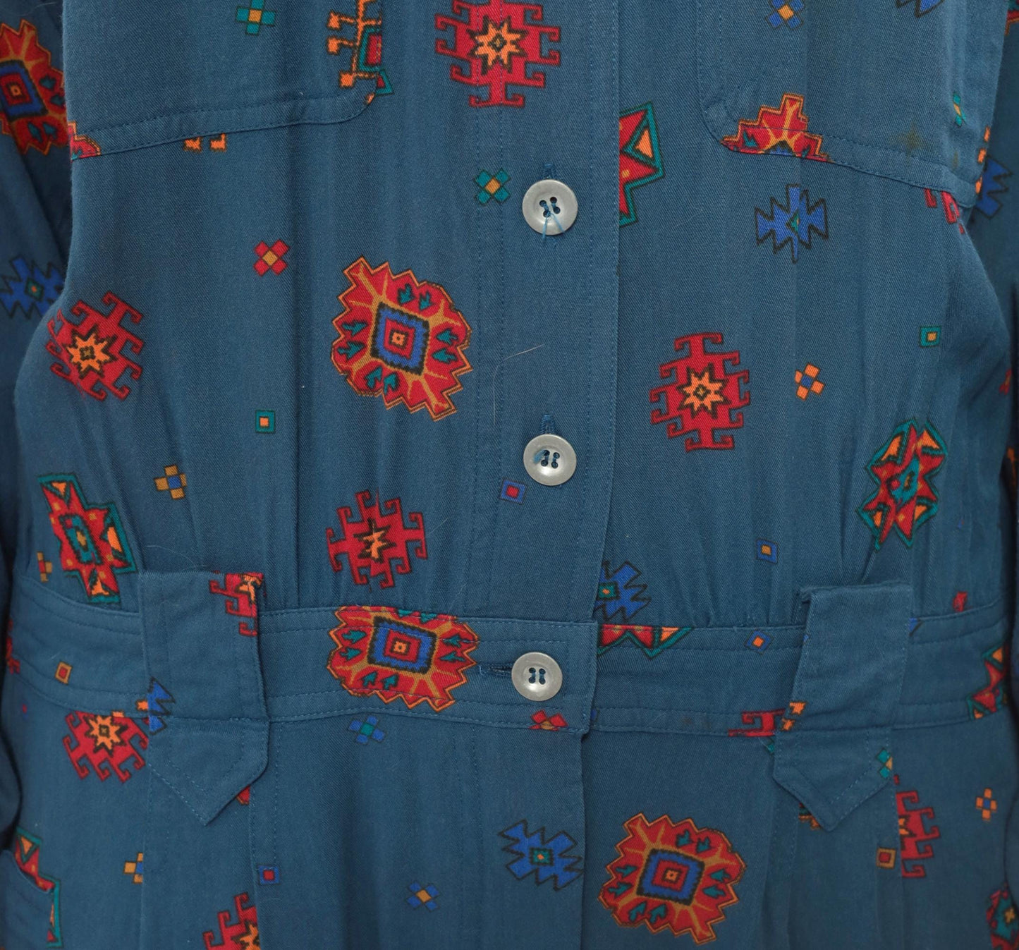 90s Liz Claiborne Geometric Folk Midi Dress Navy Button Front Extra Large XL