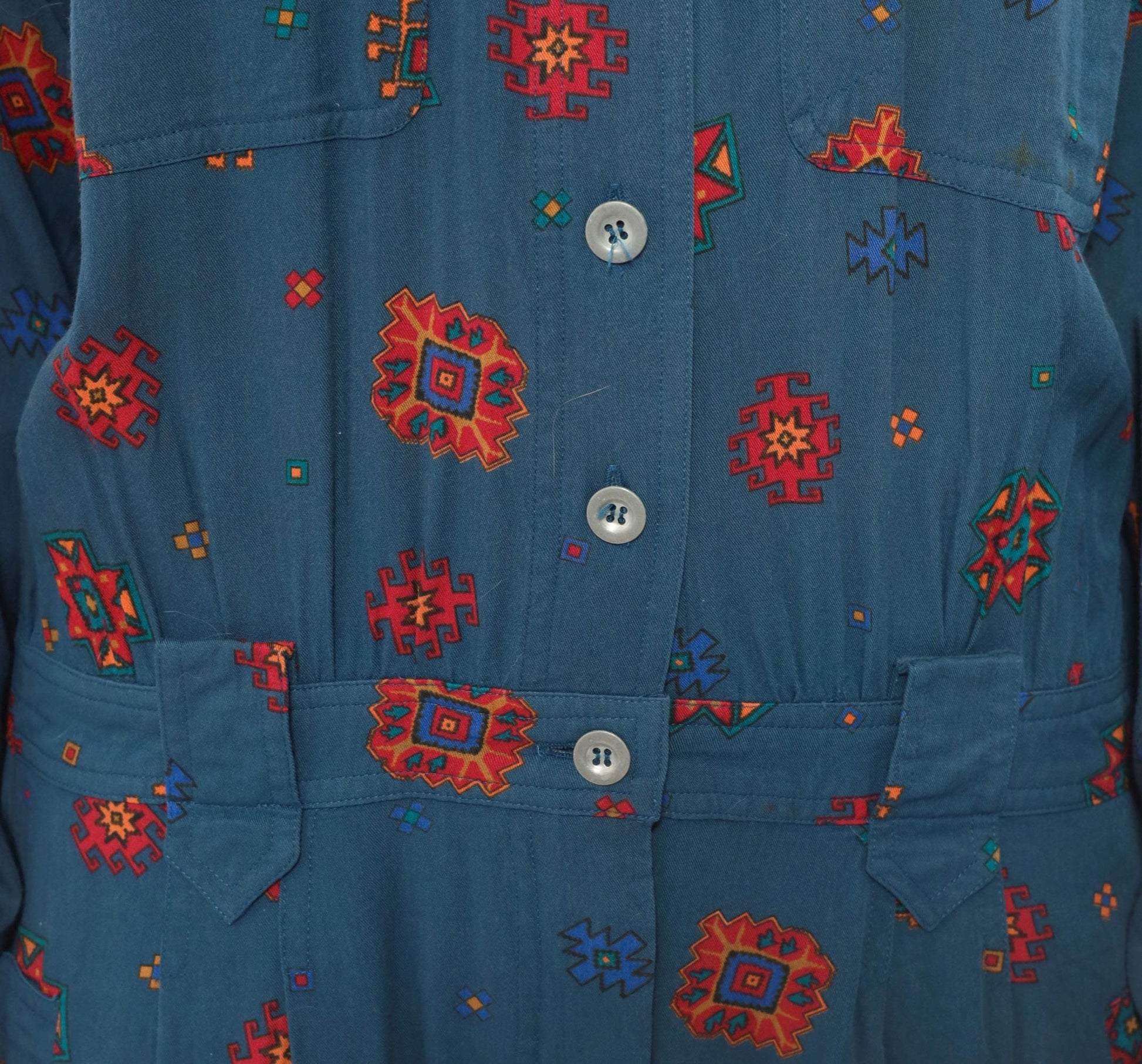90s Liz Claiborne Geometric Folk Midi Dress Navy Button Front Extra Large XL