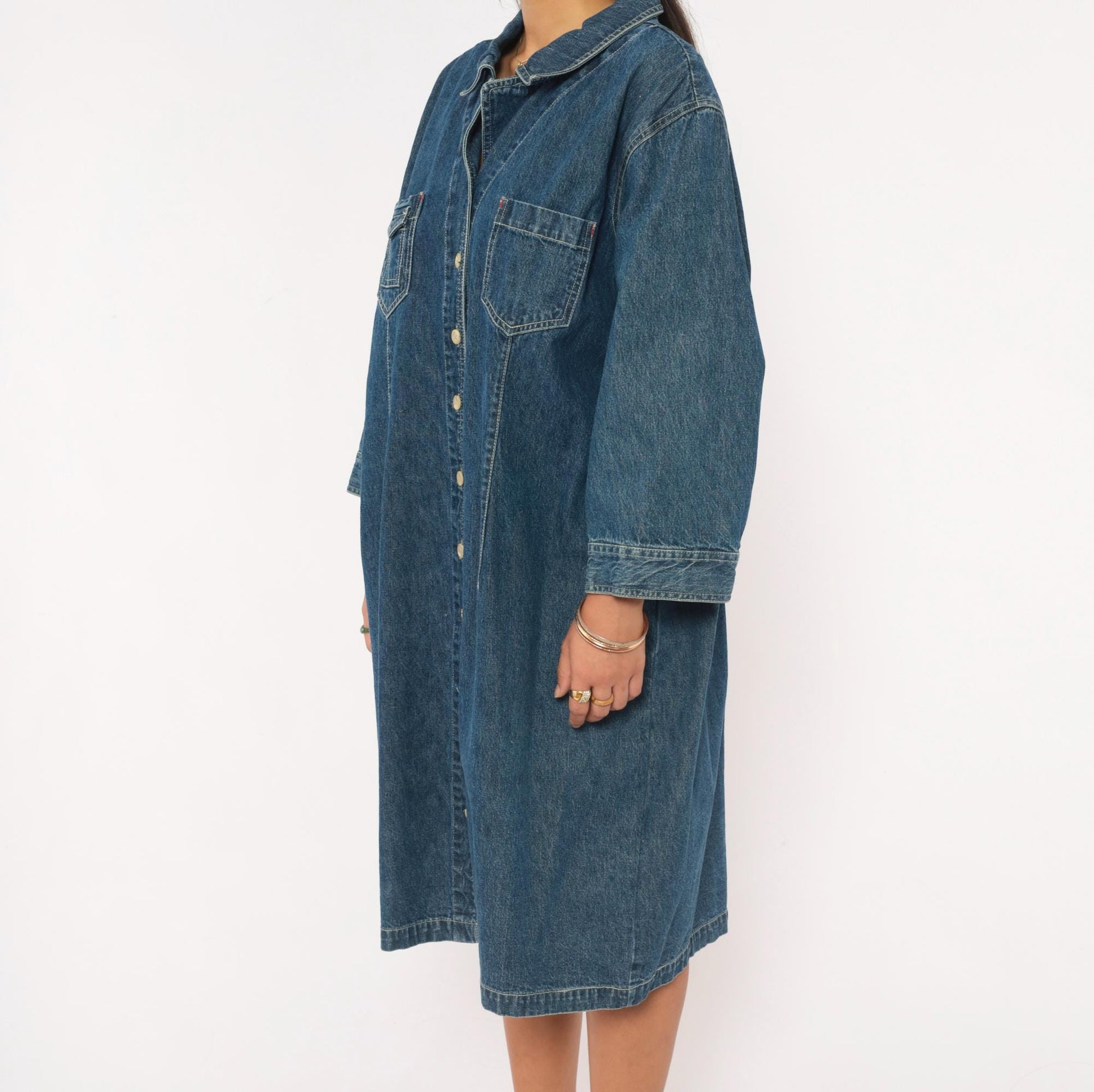 90s Carolina Blues Denim Shirt Dress Navy Button Front Cotton Plus Size XXL