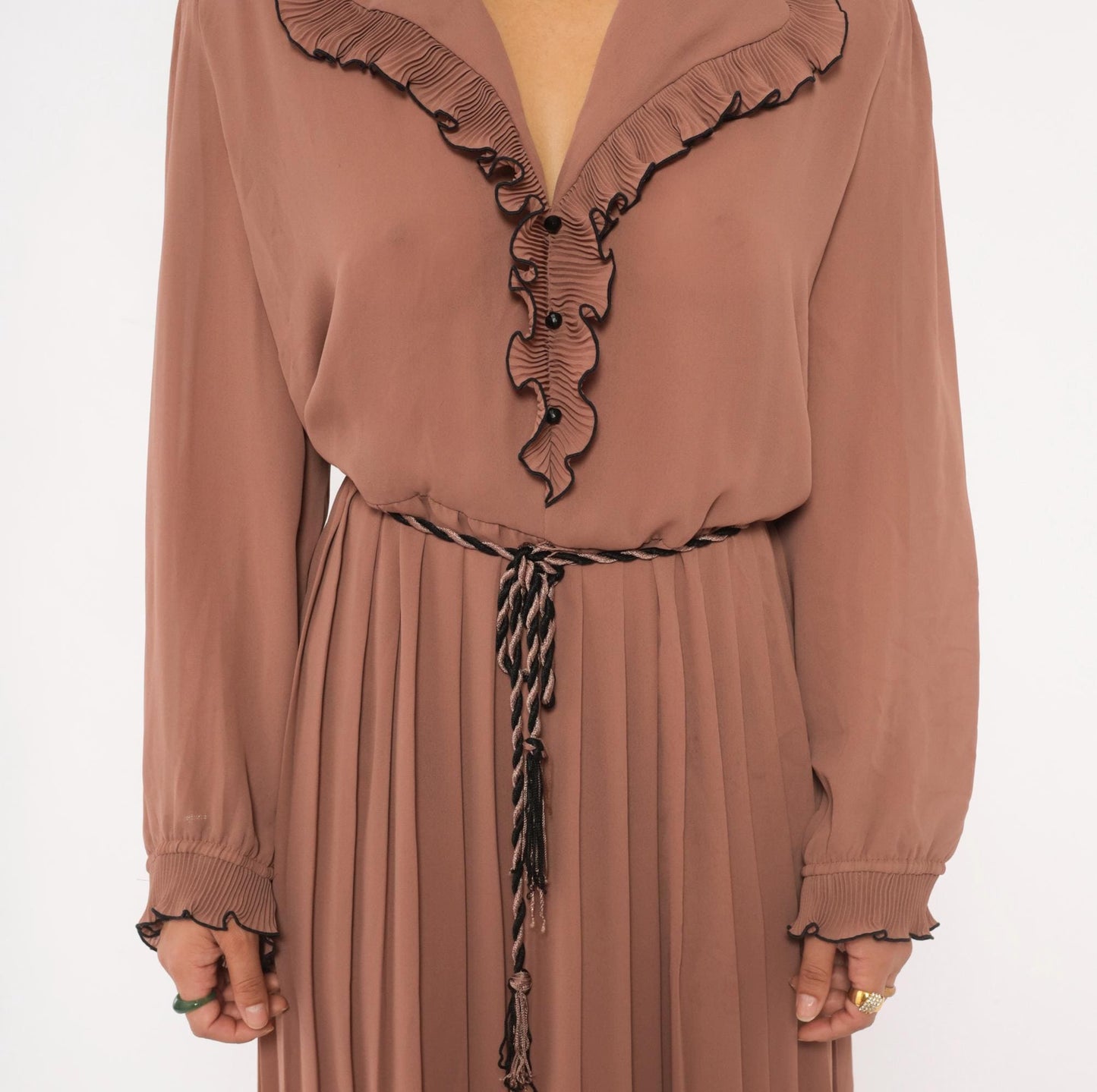 80s Cobina Mauve Pleated Dress Ruffled Collar V-Neck Blouson Sleeve Extra Large XL