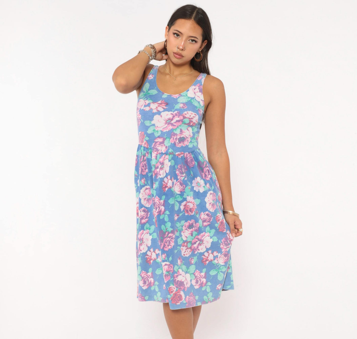 80s Periwinkle Floral Sundress Rose Print Gathered Skirt Knee Length XS