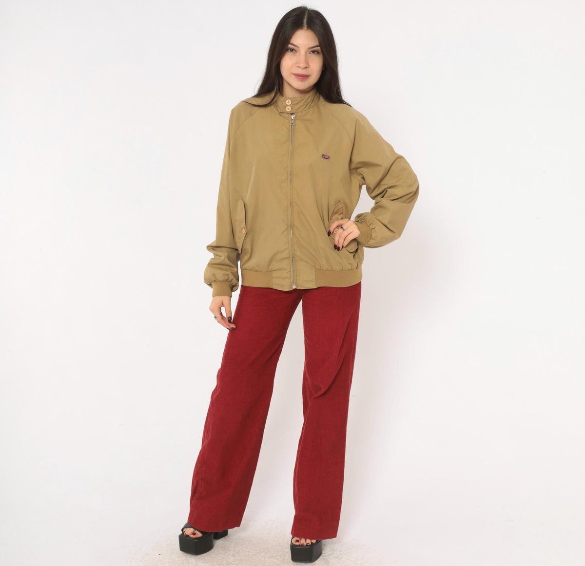 80s Brittania Harrington Jacket Beige Cotton Raglan Stand Collar Medium