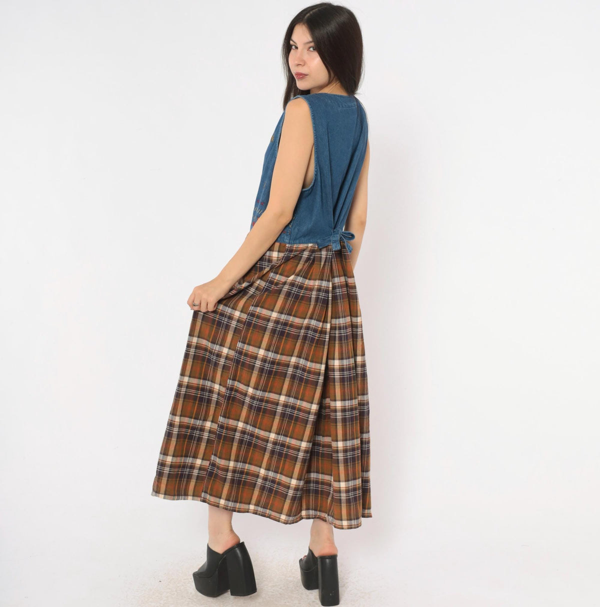 90s Casey&Max Denim Plaid Midi Dress Embroidered Leaves V Neck Large