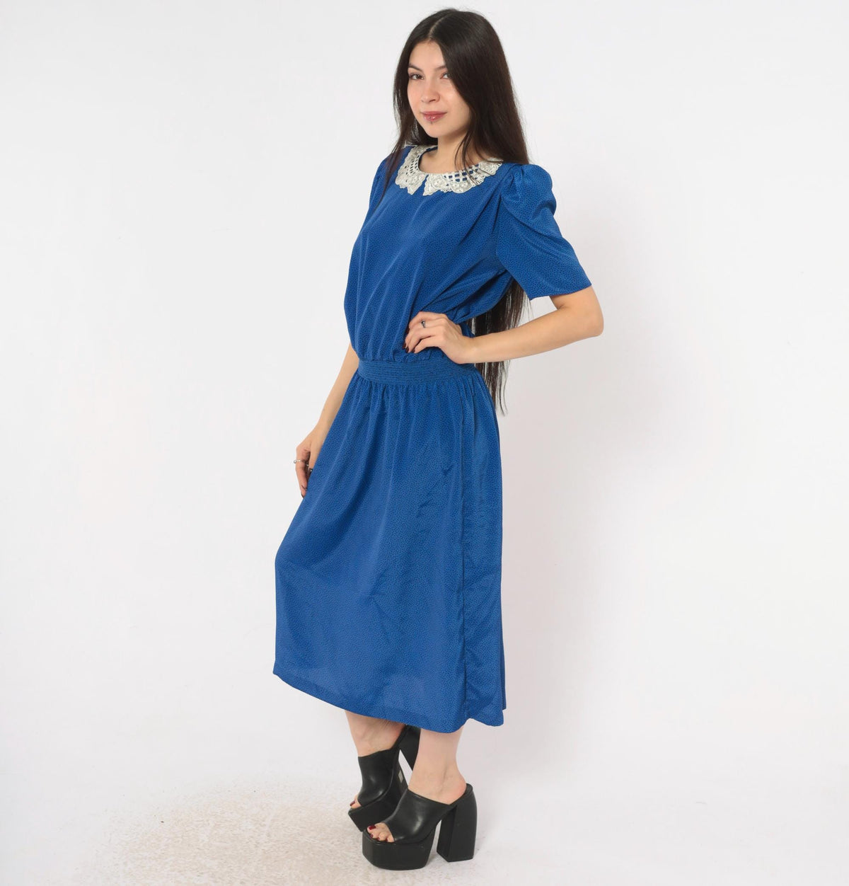 80s Stuart Alan Cobalt Midi Dress Lace Collar Puff Sleeve Dot Print Medium