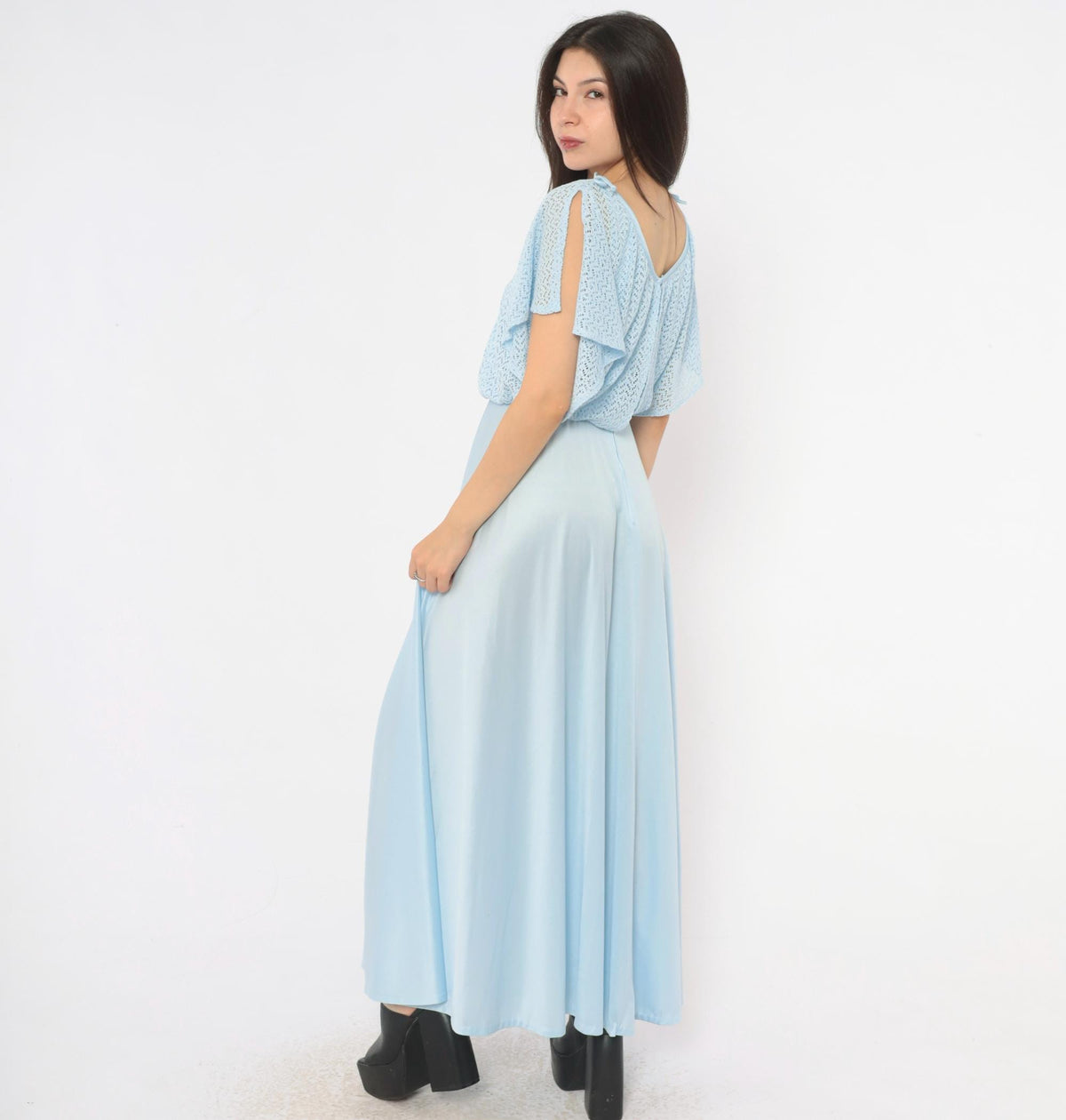 70s Light Blue Maxi Dress Pointelle Knit Capelet V Neck Flutter Sleeve Small
