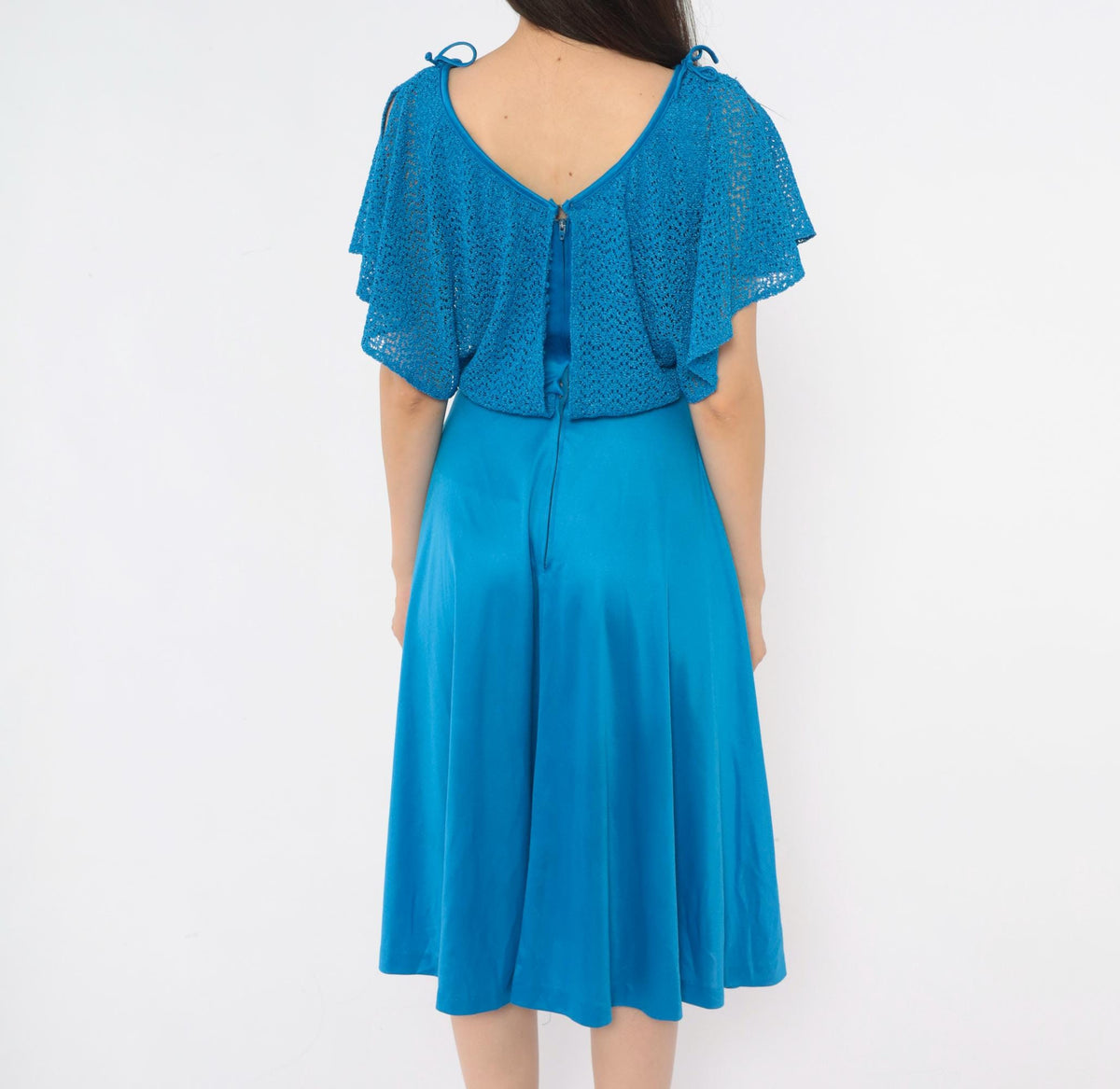 70s Cobalt Blue Crochet Knit Dress Flutter Sleeve V Neck Drop Waist Small