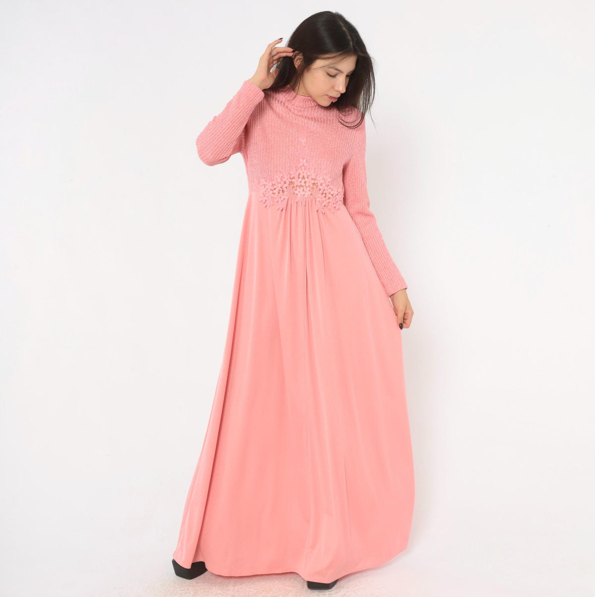 70s Pink Maxi Dress Knit Bodice Floral Lace Empire Waist Long Sleeve Medium