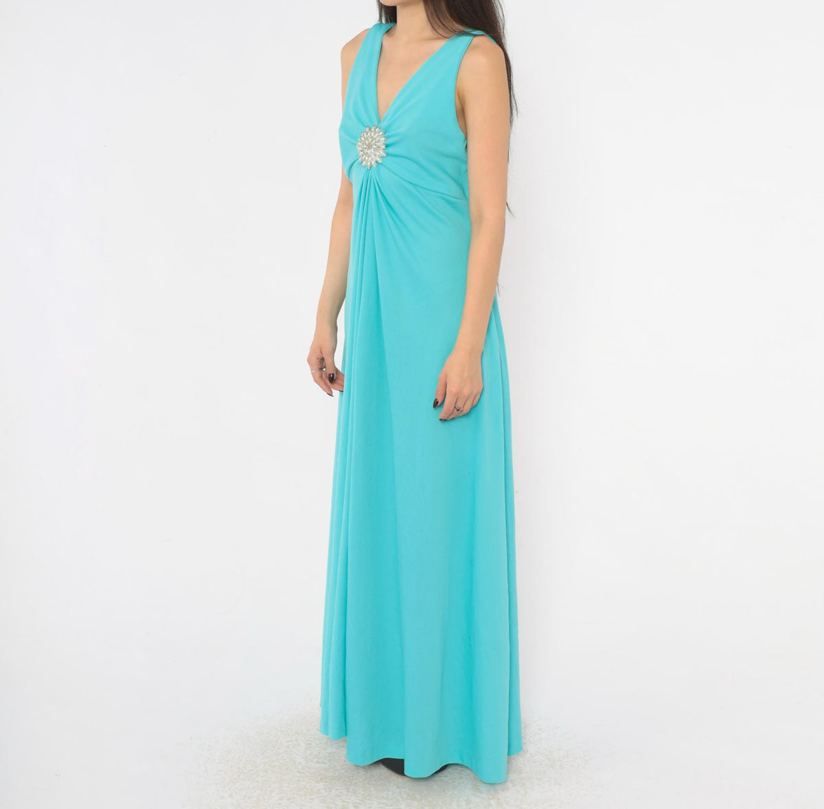 70s Turquoise Maxi Dress Deep V Neck Empire Waist Rhinestone Brooch Large L