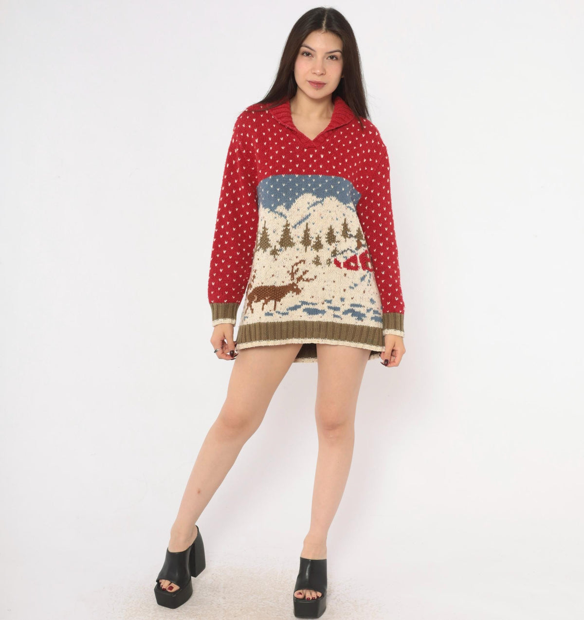 90s Liz Claiborne Hand Knit Reindeer Sweater Red Shawl Collar Small
