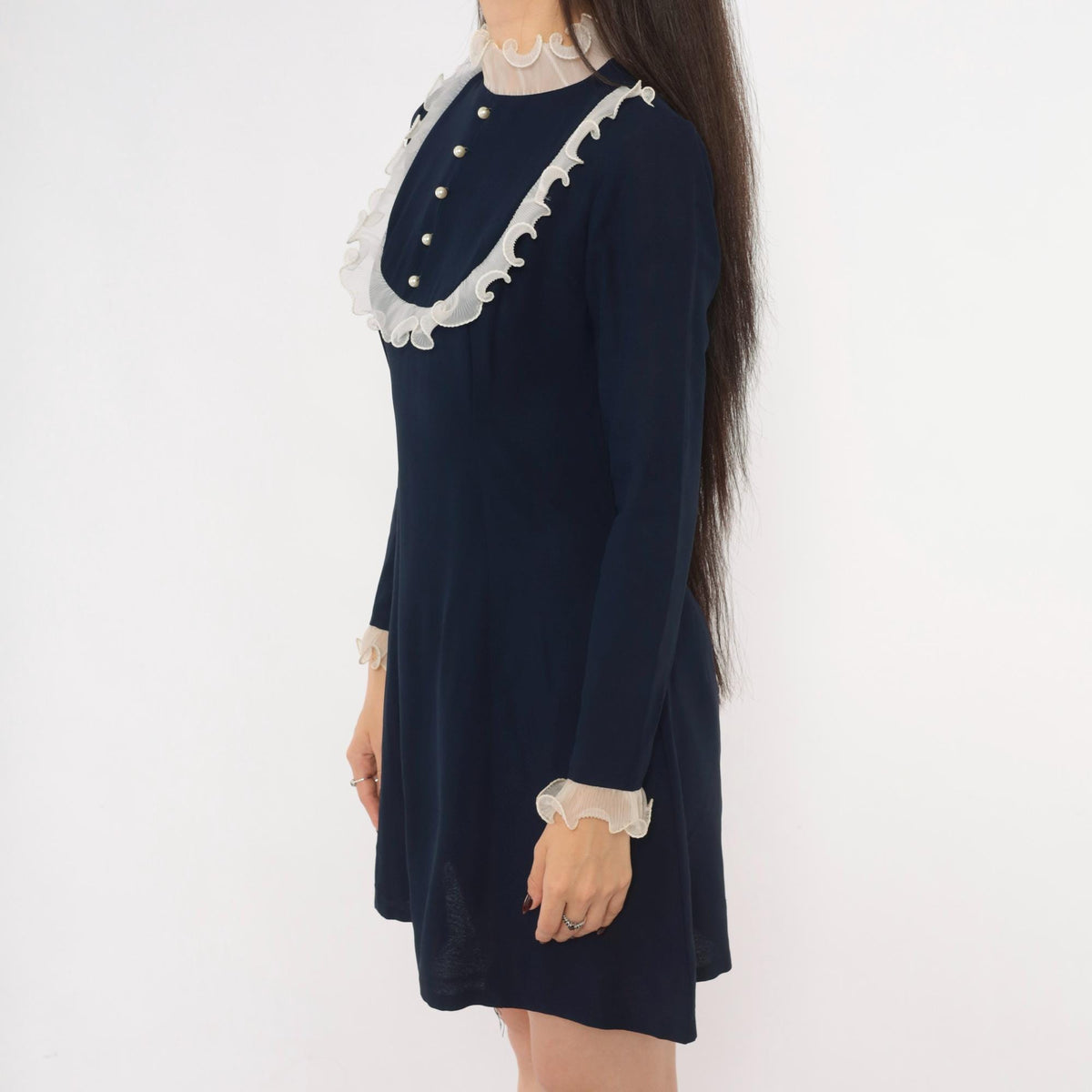 60s Navy Babydoll Dress White Ruffle Bib Mock Neck Pearl Buttons Small