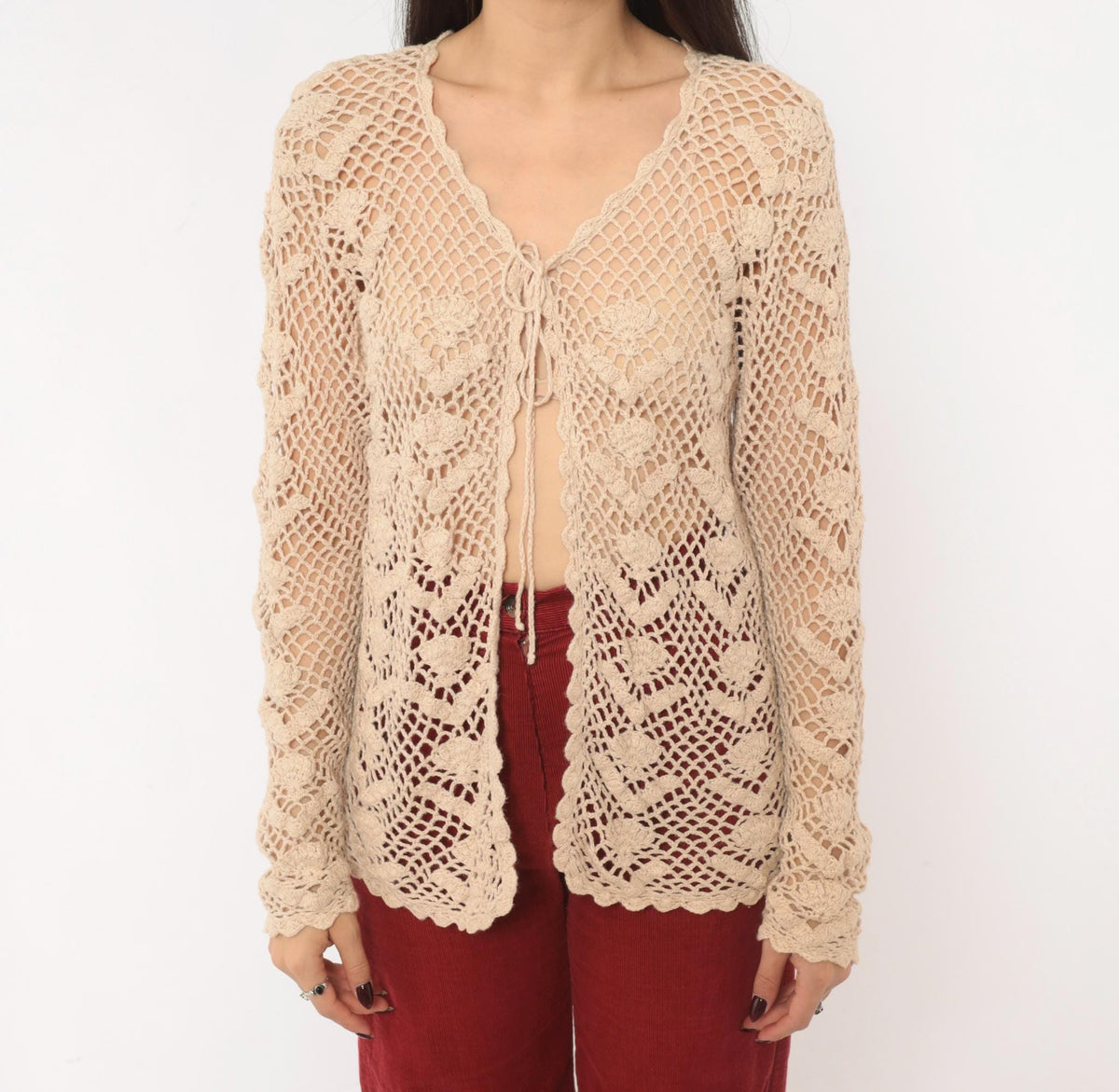 90s Beige Crochet Cardigan Floral Openwork Knit Small S