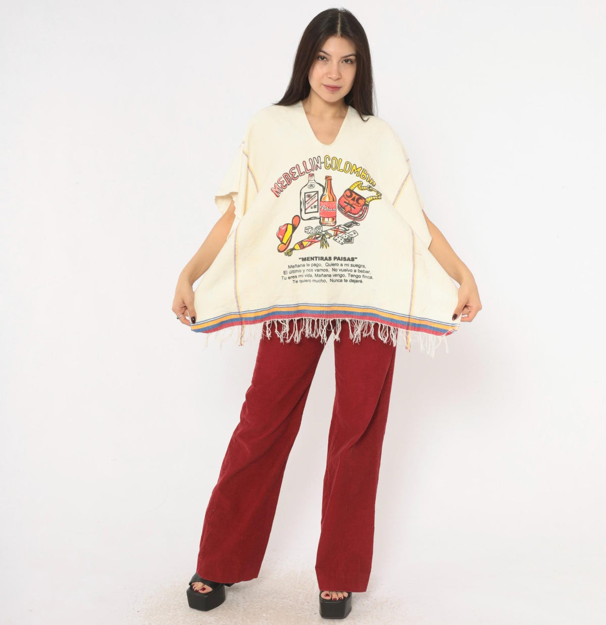 80s Medellin Colombia Souvenir Poncho Cream Cotton Graphic V Neck Fringe One Size