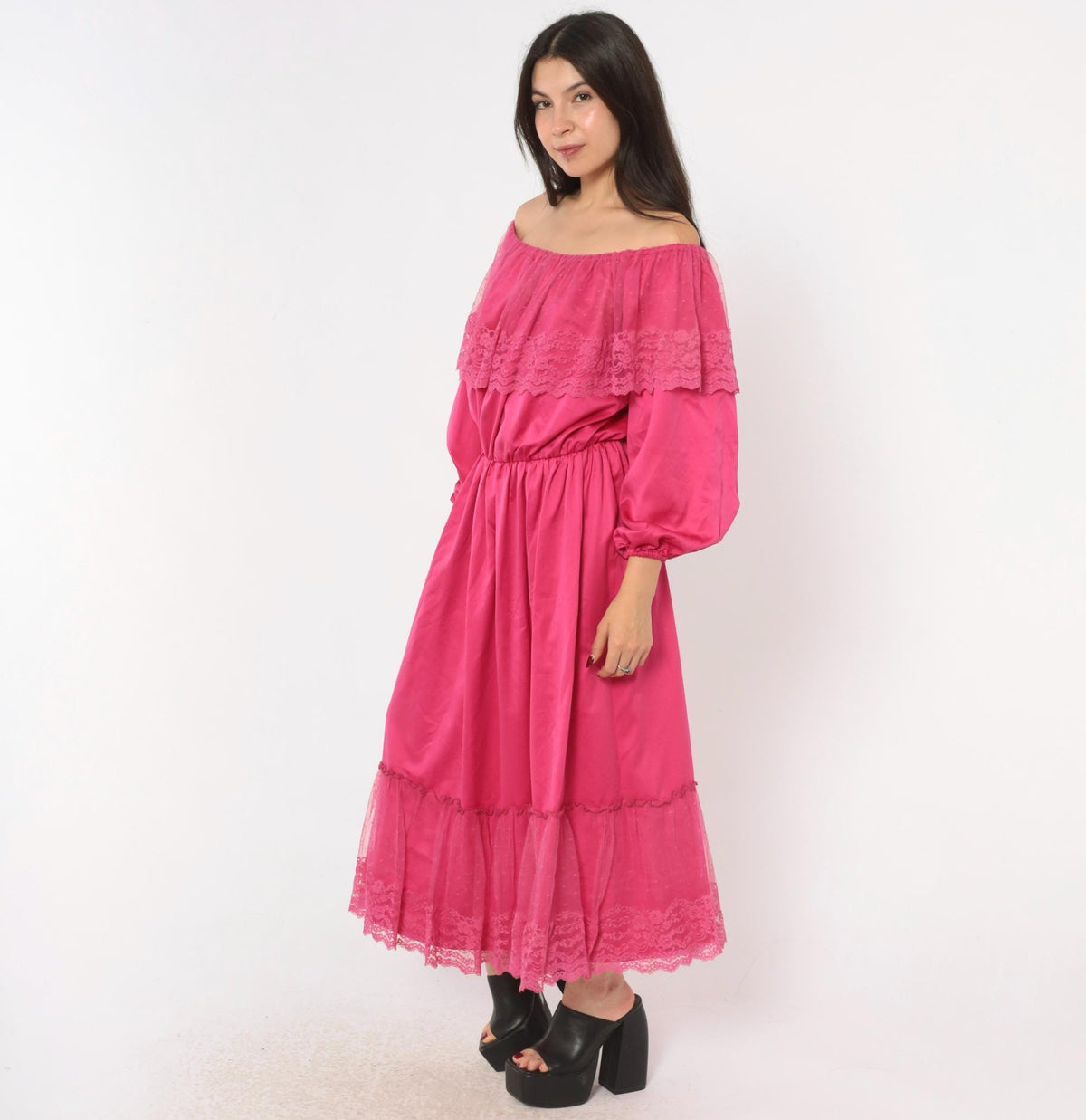 80s Hot Pink Off-Shoulder Midi Dress Lace Ruffle Balloon Sleeve Medium M