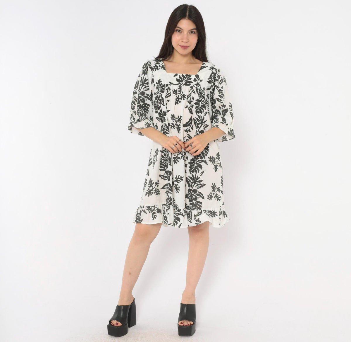 90s Nani Liberty House Hawaiian Floral Square Neck Puff Sleeve Dress Black White Small S