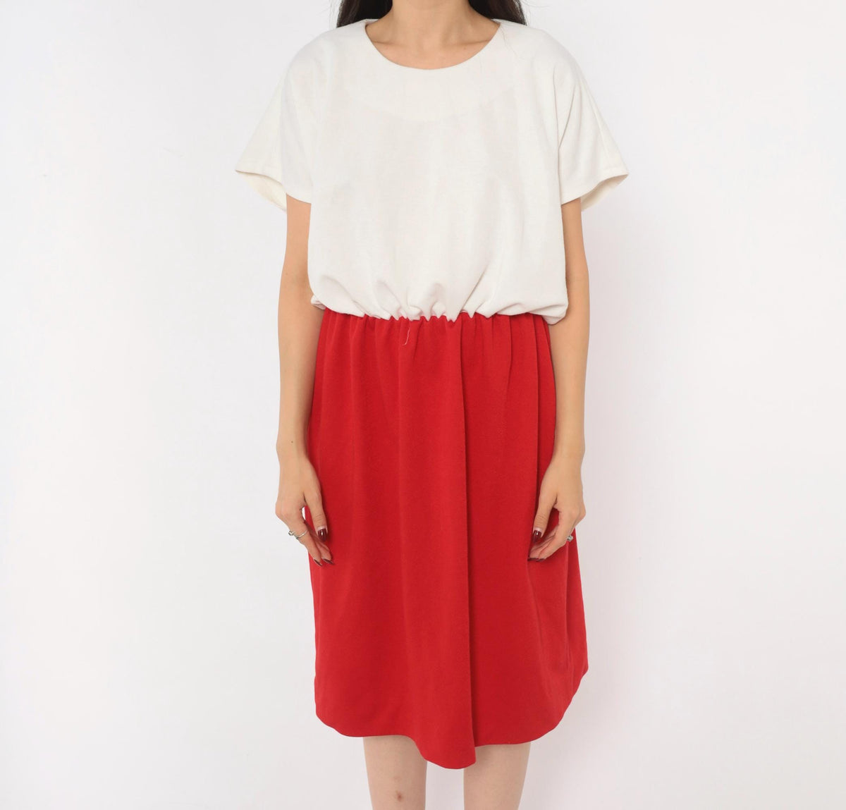 80s Leslie Fay Colorblock Dress White Red Gathered Waist Knee-Length Plus Size 1X