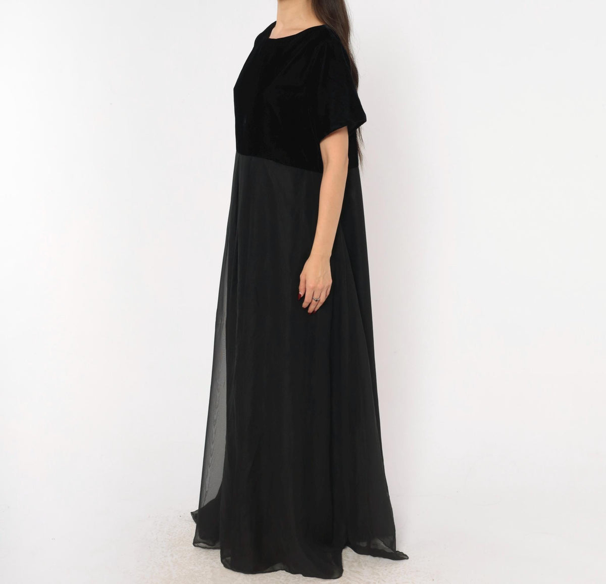 90s Stage Black Velvet Bodice Maxi Gown Chiffon Empire Waist Plus Size XXL