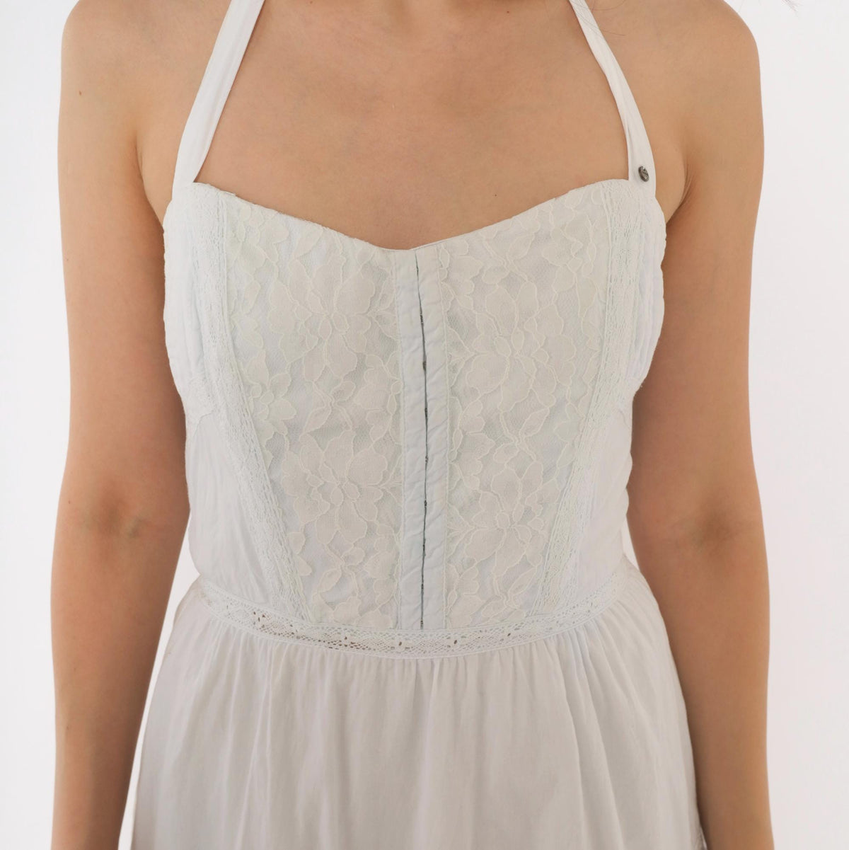 Y2K Guess White Lace Halter Mini Dress Eyelet Trim Sweetheart Neckline XXS