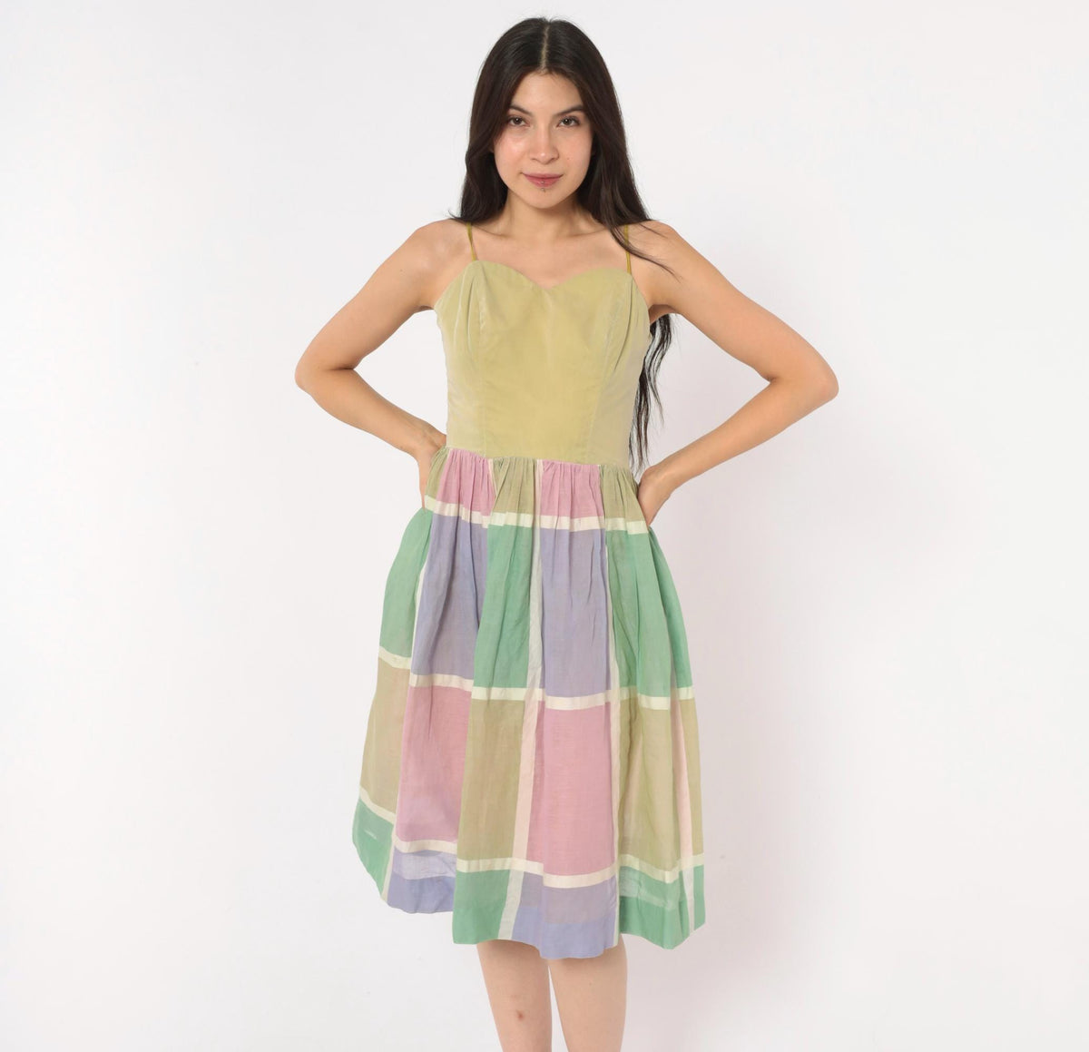 60s Pastel Plaid Sundress Sweetheart Neckline Gathered Skirt Cotton XS