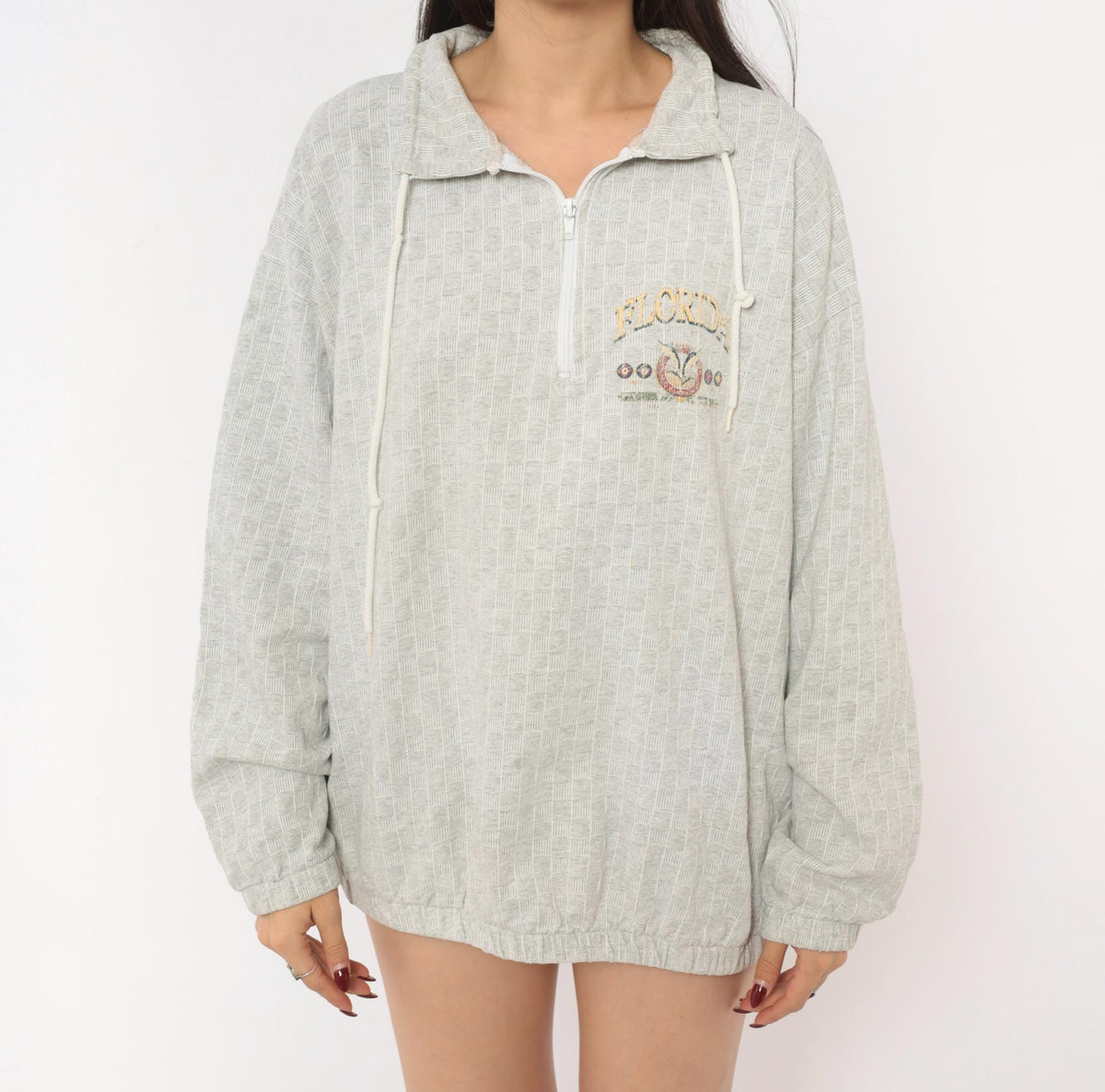 90s Tropical Casuals Florida Half-Zip Pullover Grey Cotton Waffle Knit Large