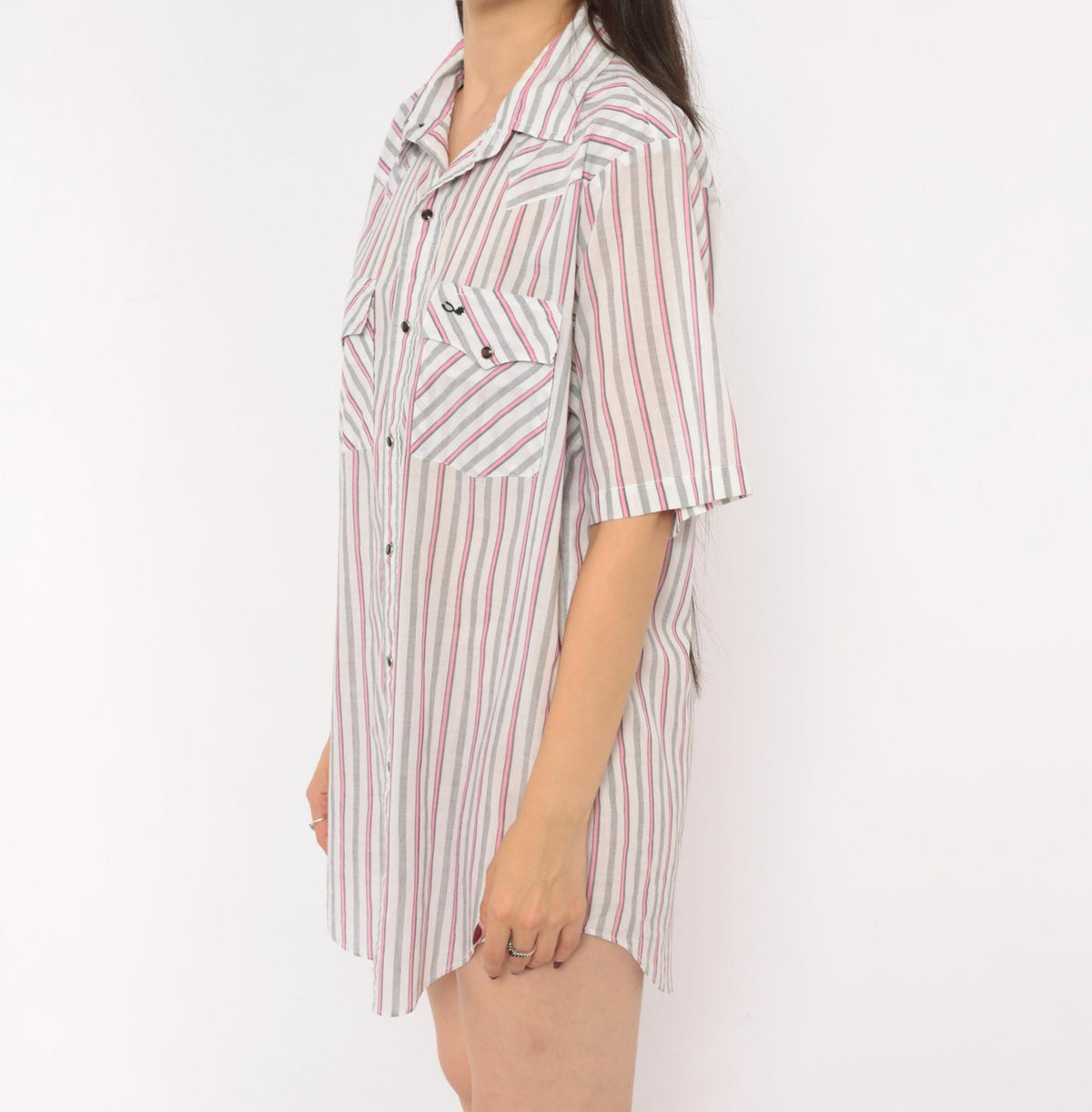 90s Silver Spur Western Snap Shirt Striped Pink Grey White Cotton Medium