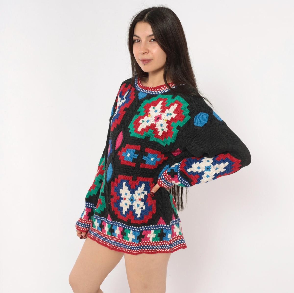 90s Hunter's Run Southwestern Patchwork Beaded Knit Pullover Black Small