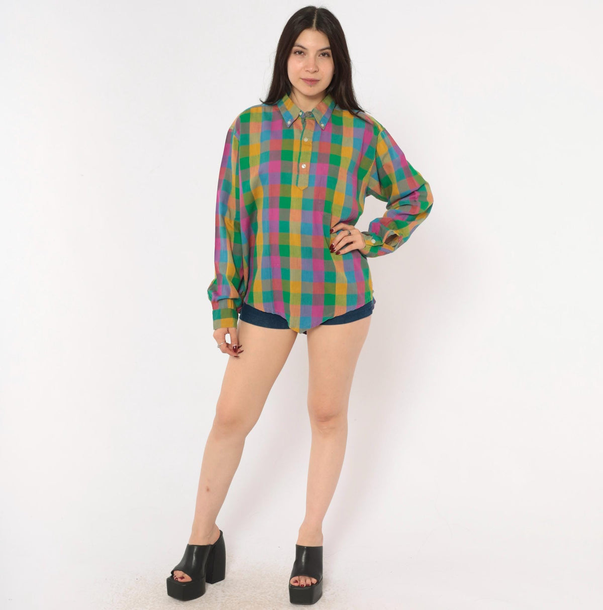 70s Career Club Madras Plaid Button-Down Shirt Multicolor Gingham Large L